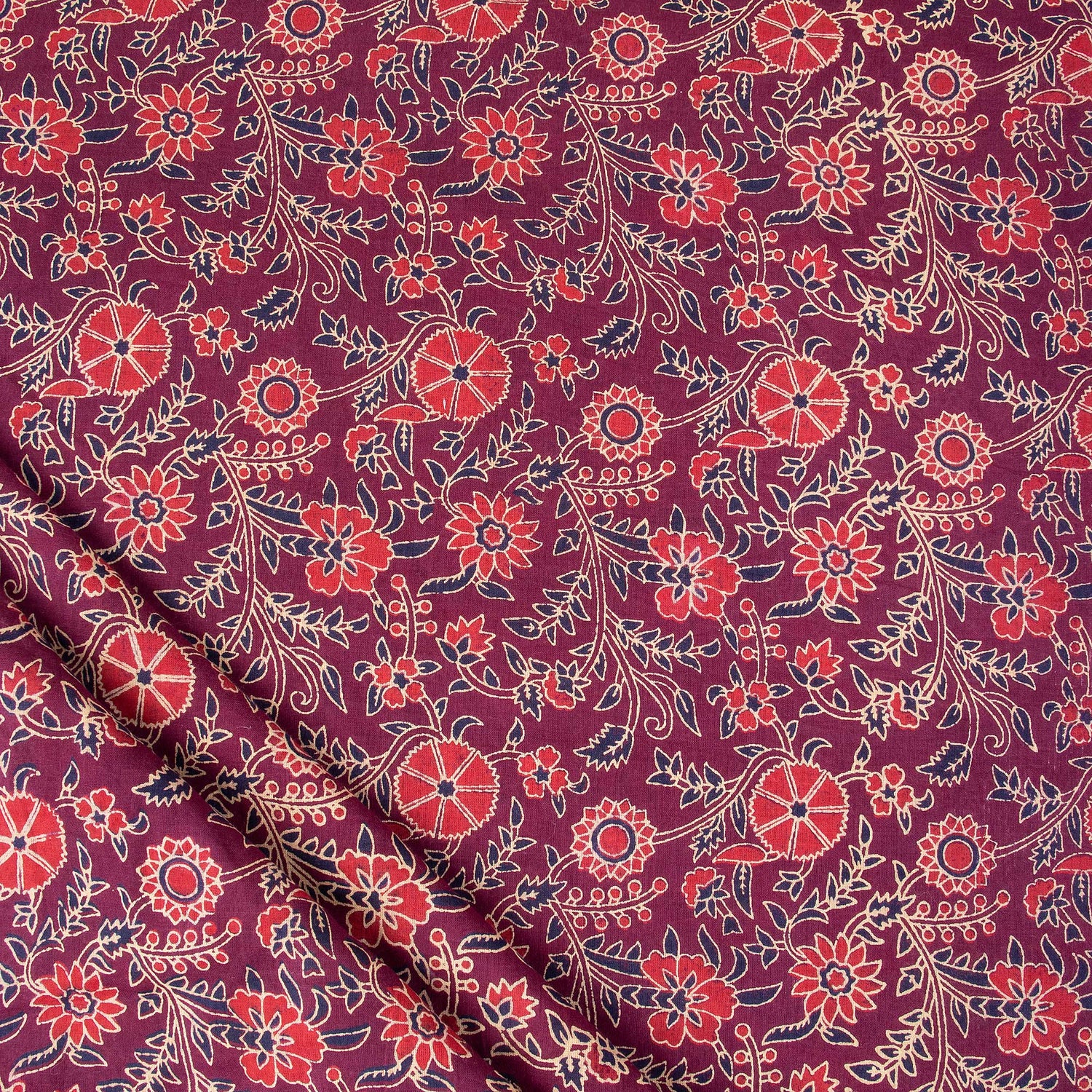 Pink Floral Print Silk Ajarakh Block Printed Cotton Fabric