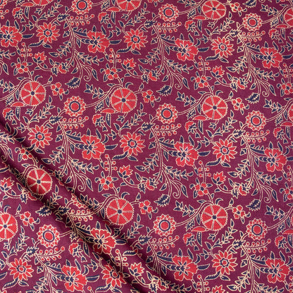 Pink Floral Print Silk Ajarakh Block Printed Cotton Fabric