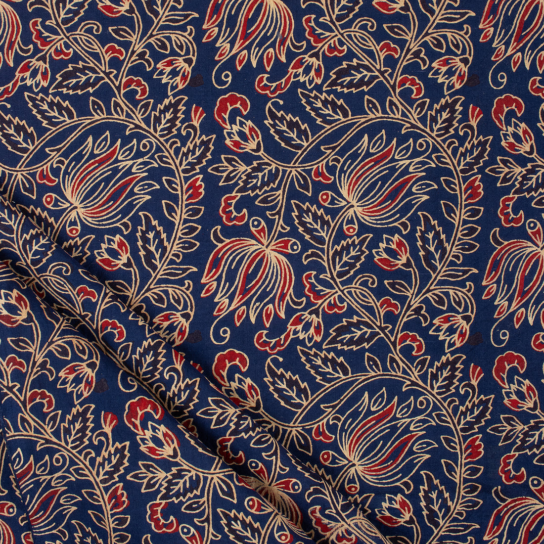 Indian Ajrakh Blue Floral Cotton Fabric For Dress