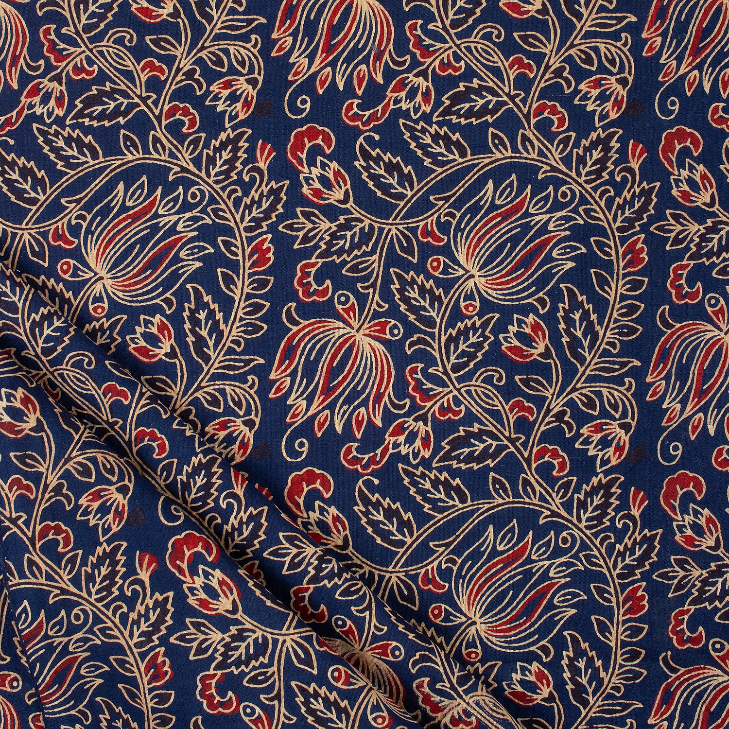 Indian Ajrakh Blue Floral Cotton Fabric For Dress