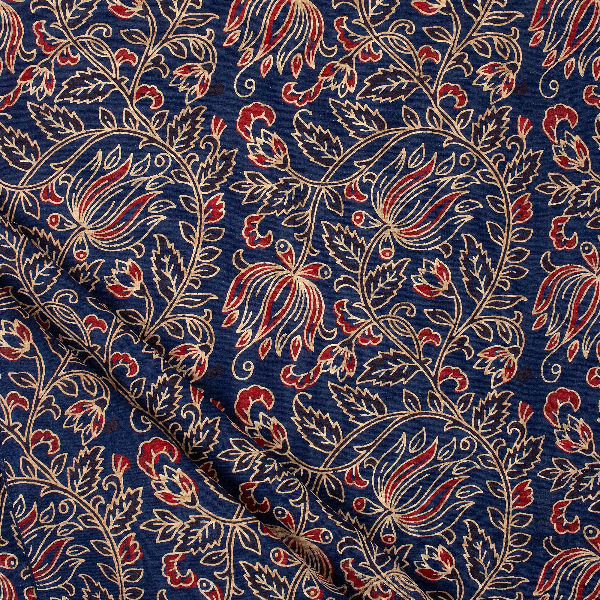 Indian Ajrakh Blue Floral Cotton Fabric For Dress