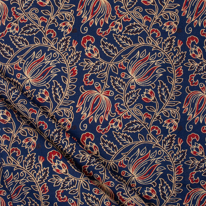 Indian Ajrakh Blue Floral Cotton Fabric For Dress