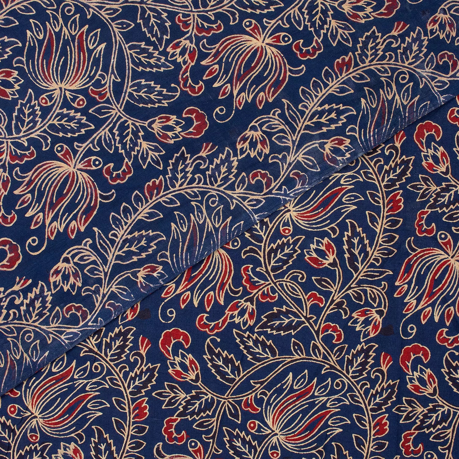Indian Ajrakh Blue Floral Cotton Fabric For Dress