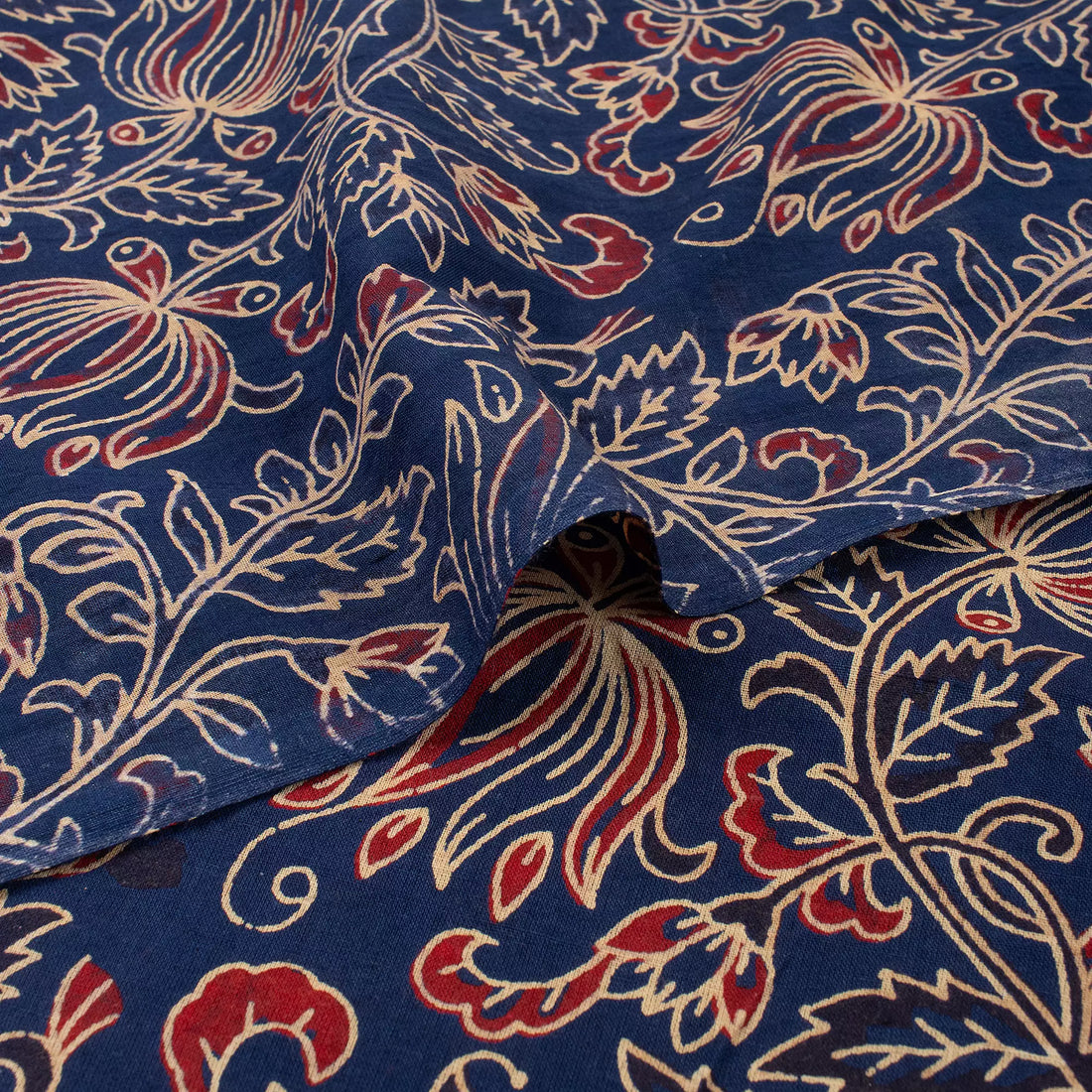 Indian Ajrakh Blue Floral Cotton Fabric For Dress