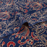 Indian Ajrakh Blue Floral Cotton Fabric For Dress