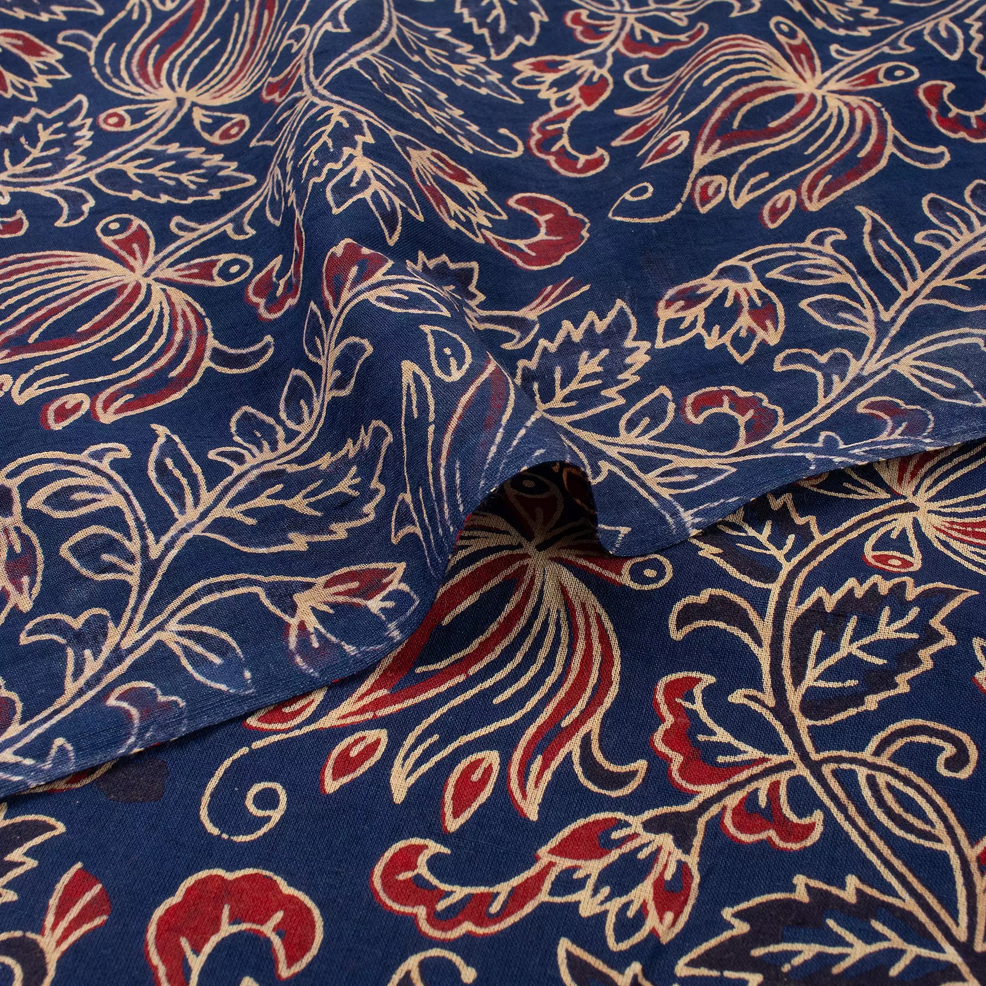 Indian Ajrakh Blue Floral Cotton Fabric For Dress