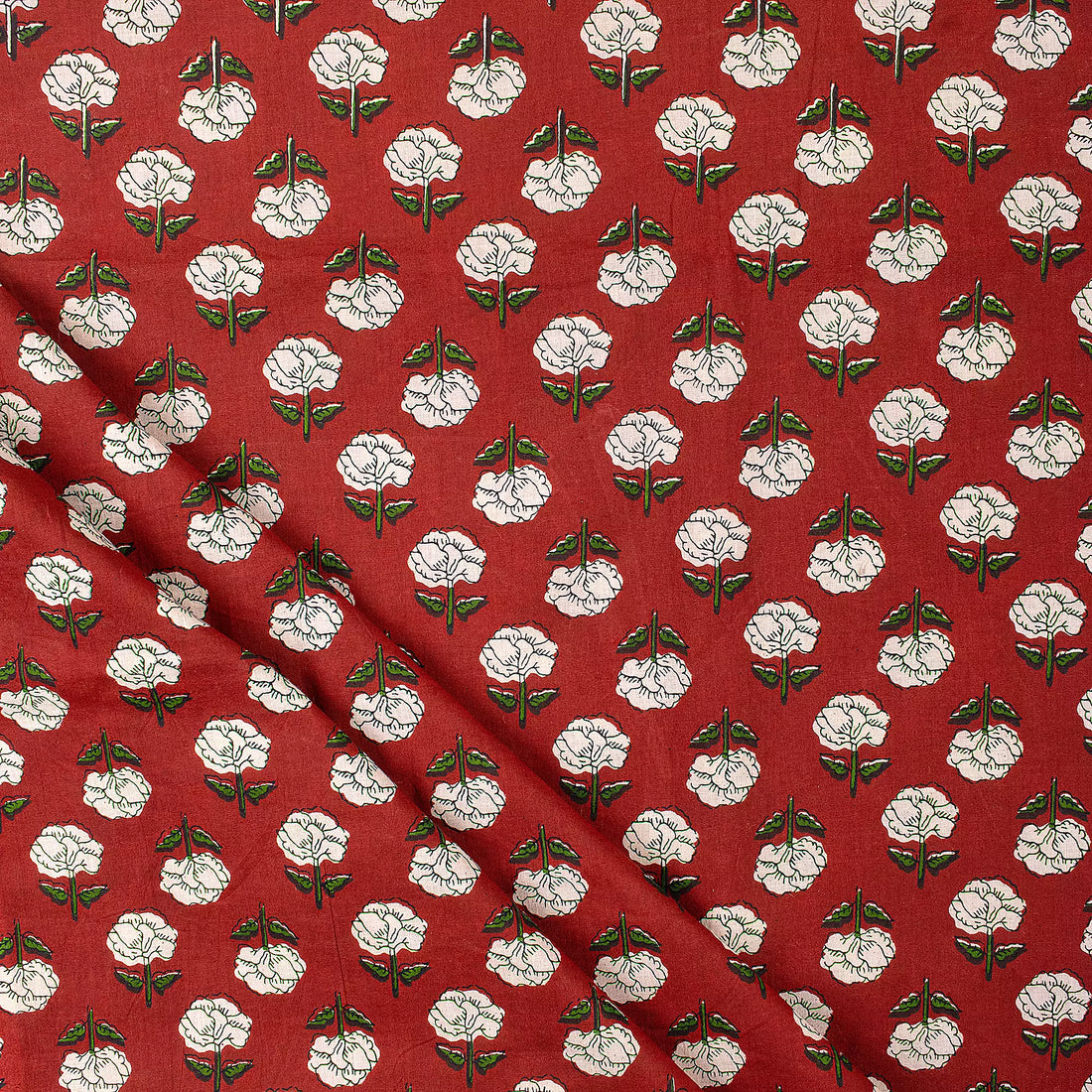 White Floral Hand Block Bagru Printed Fabric Online