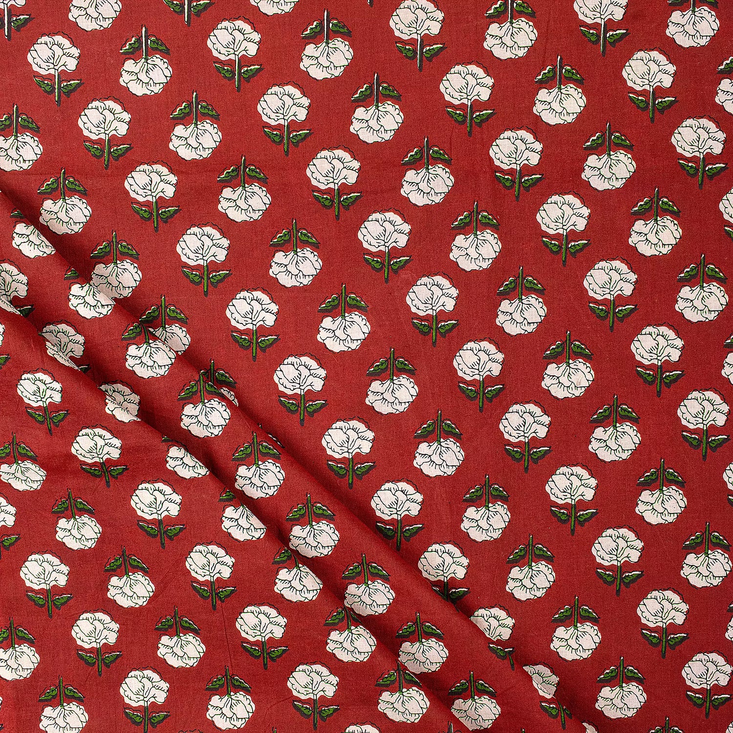 White Floral Hand Block Bagru Printed Fabric Online