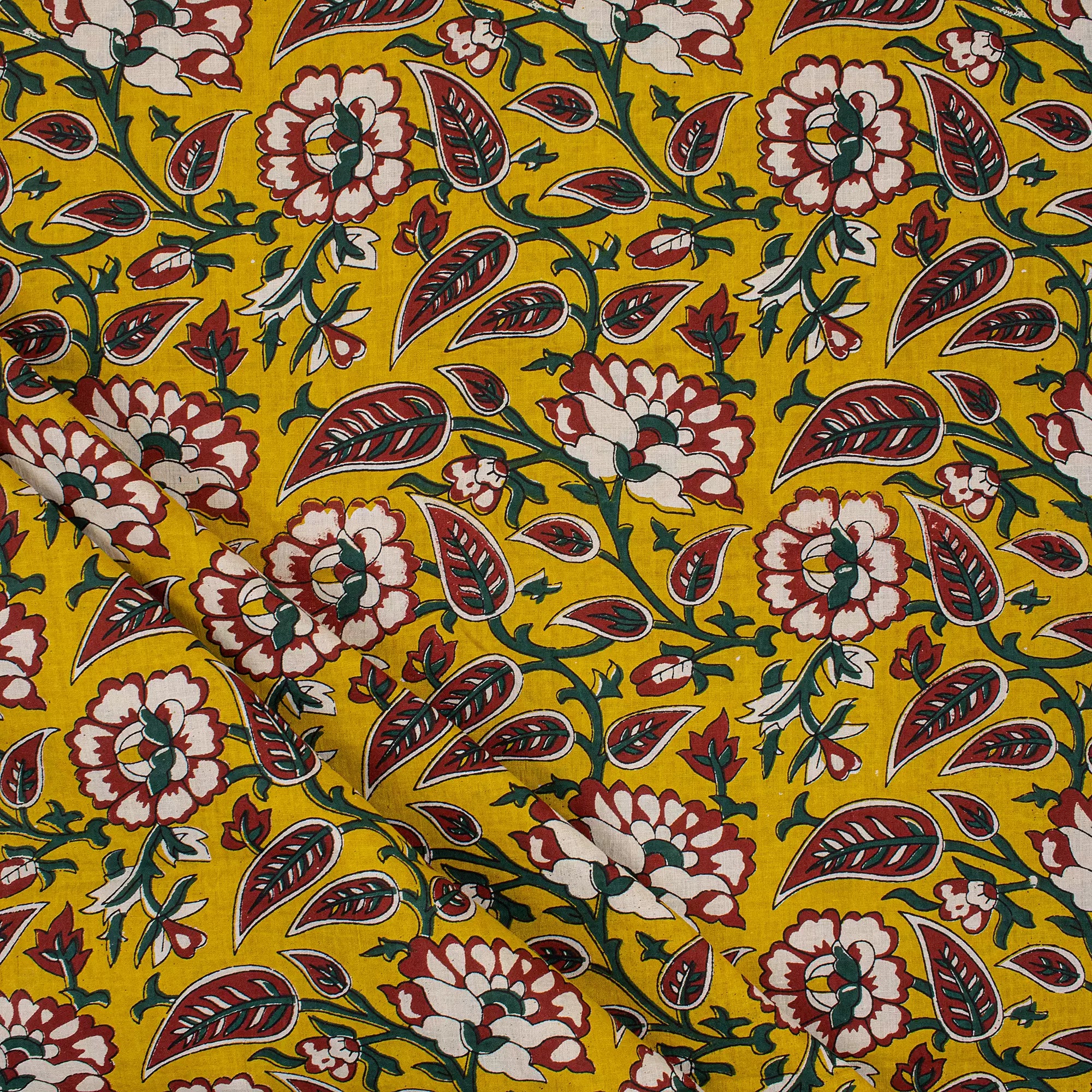 Yellow Floral Hand Block Printed Premium Fabric Cloth