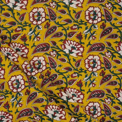 Yellow Floral Hand Block Printed Premium Fabric Cloth