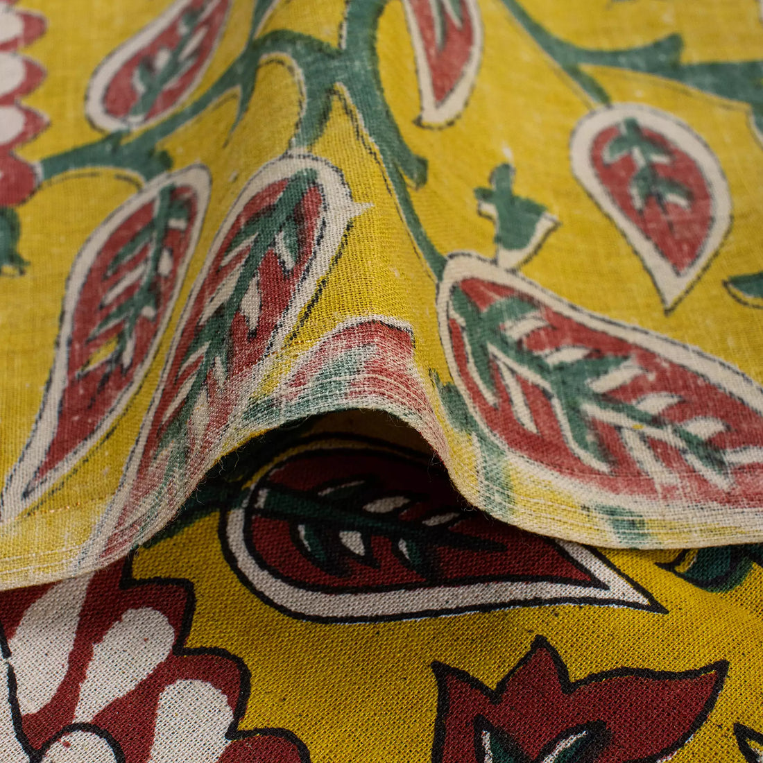 Yellow Floral Hand Block Printed Premium Fabric Cloth