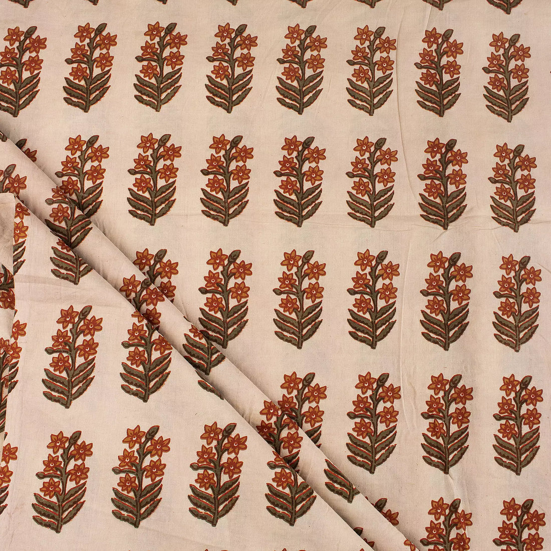 Brown Floral Hand Printed Cotton Bagru Fabric by Yard