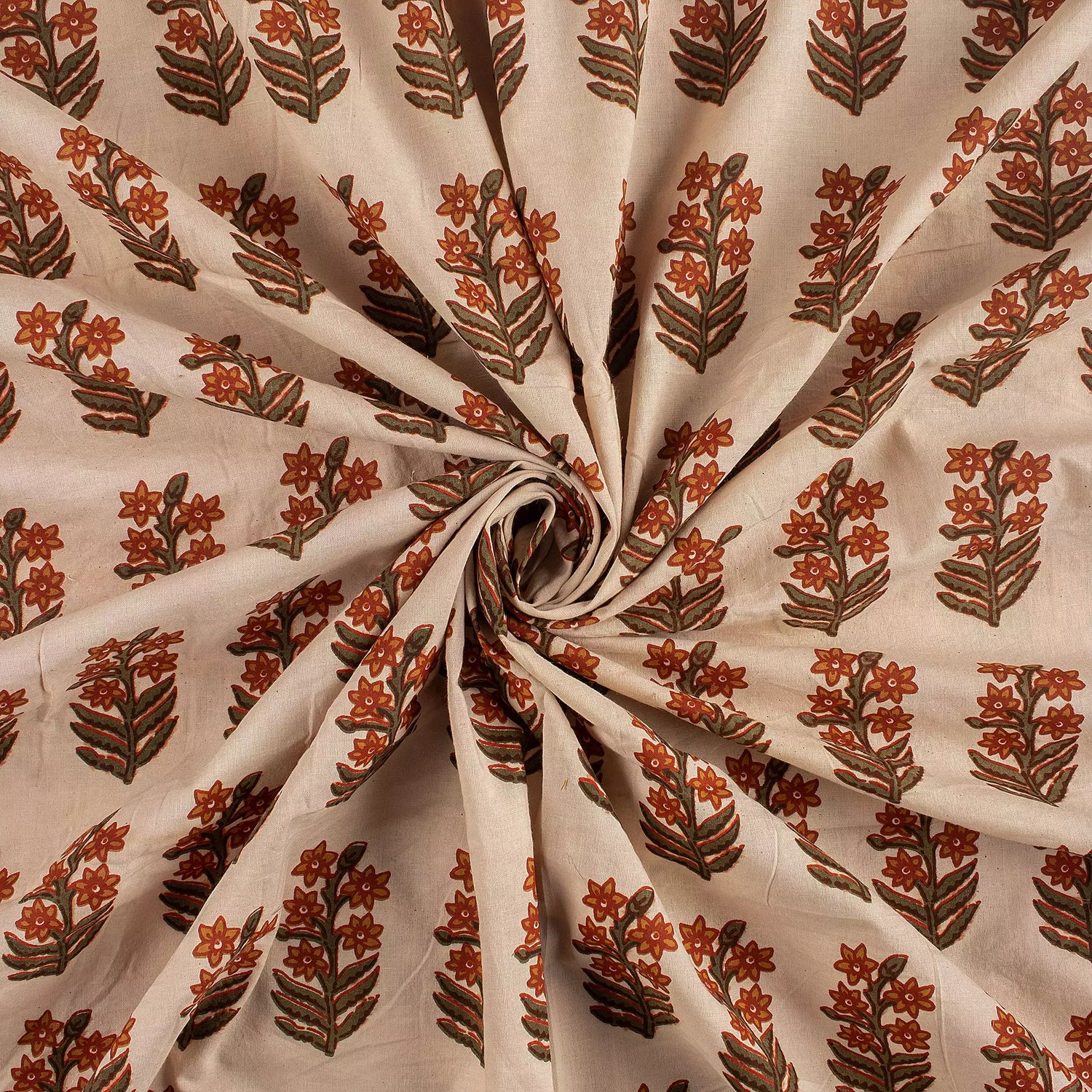 Brown Floral Hand Printed Cotton Bagru Fabric by Yard