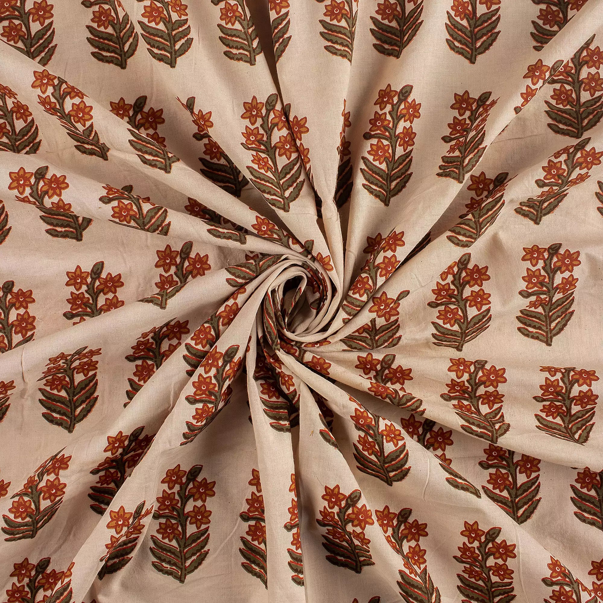 Brown Floral Hand Printed Cotton Bagru Fabric by Yard
