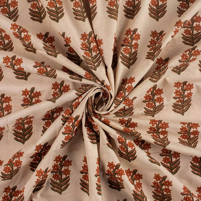 Brown Floral Hand Printed Cotton Bagru Fabric by Yard