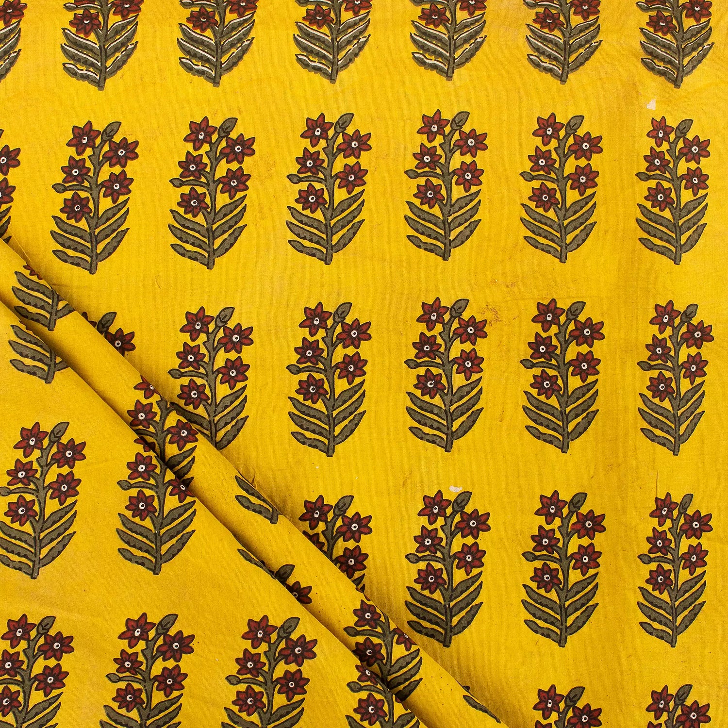 Yellow Floral Handmade Cotton Bagru Fabric for Dress