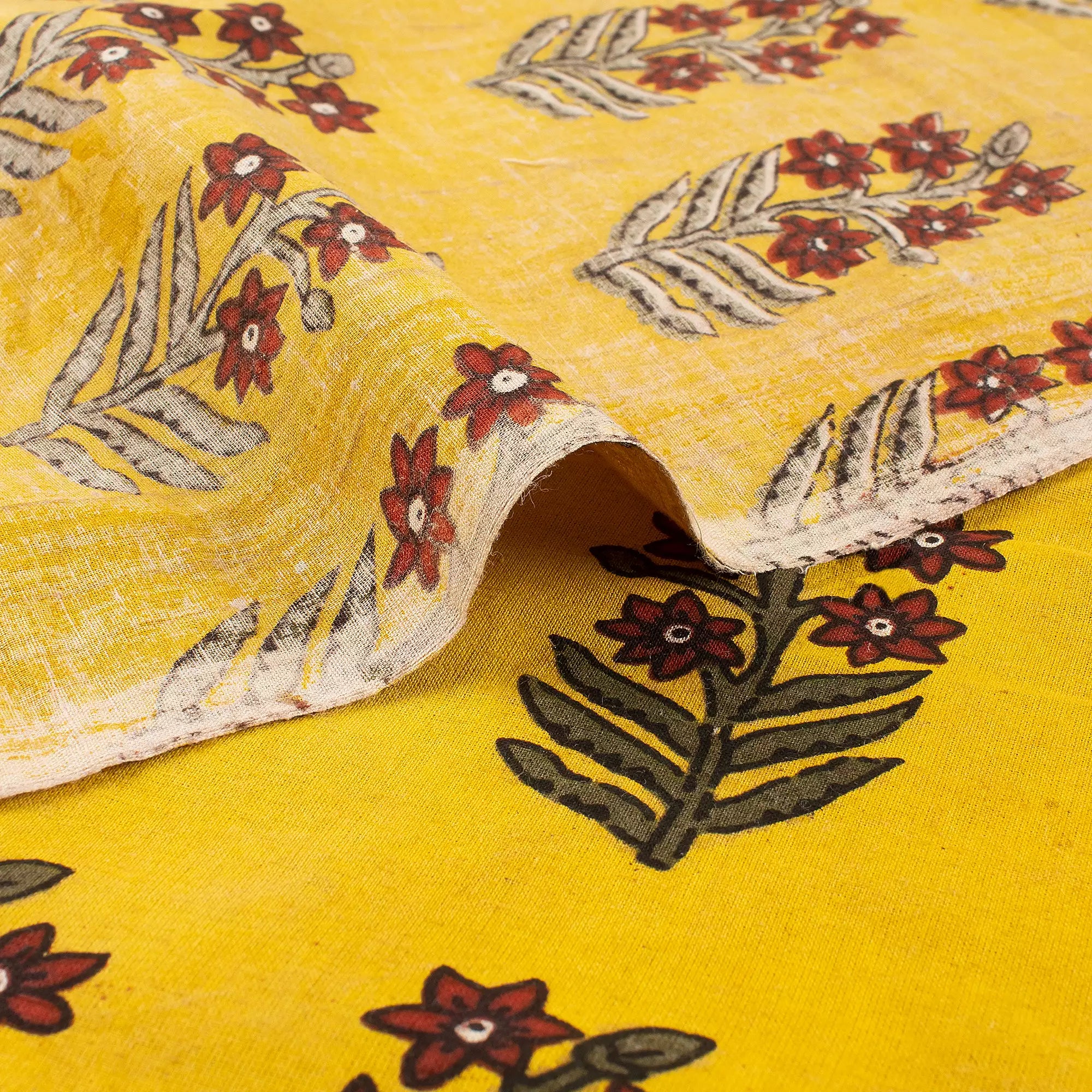 Yellow Floral Handmade Cotton Bagru Fabric for Dress