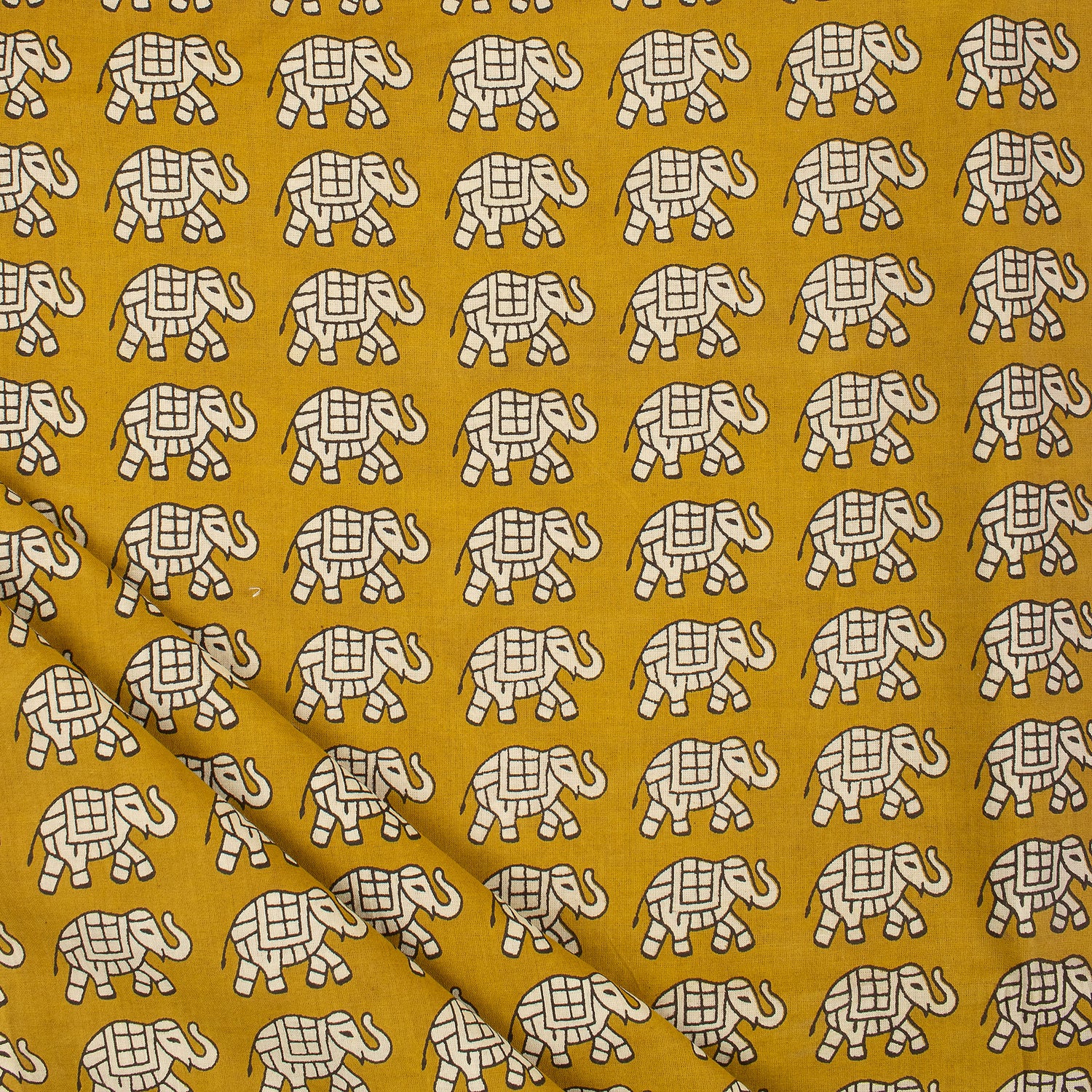 Yellow Elephant Hand Block Bagru Printed Fabric