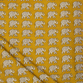 Yellow Elephant Hand Block Bagru Printed Fabric