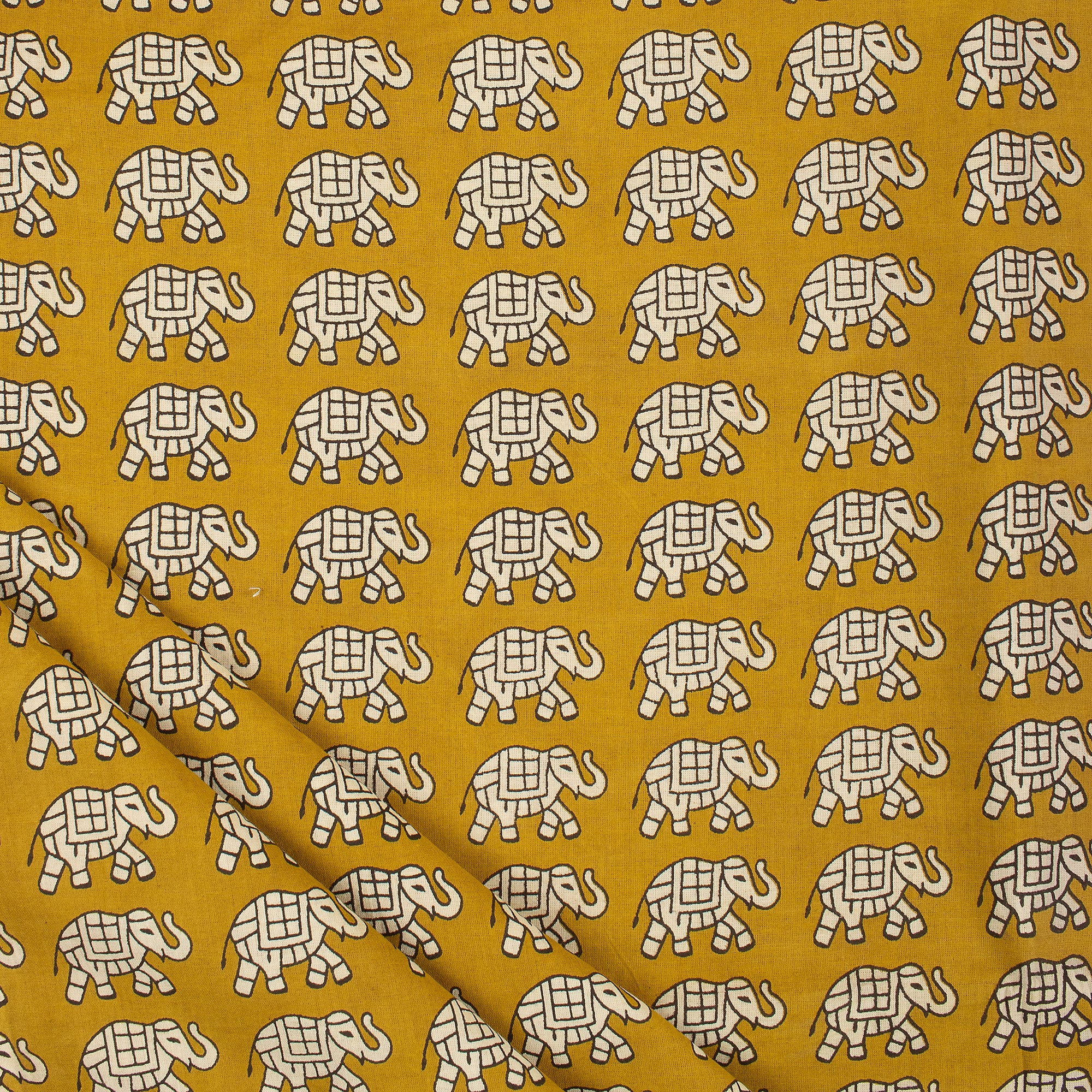 Yellow Elephant Hand Block Bagru Printed Fabric