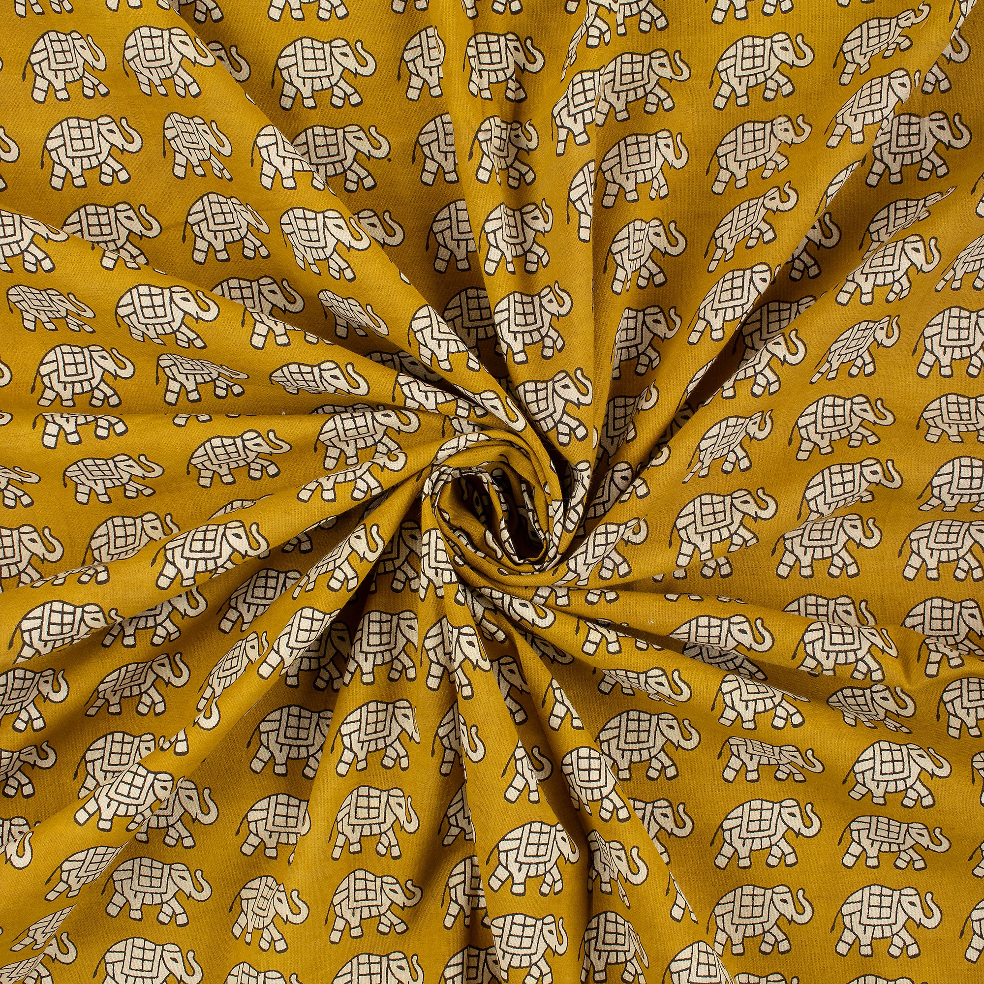 Yellow Elephant Hand Block Bagru Printed Fabric