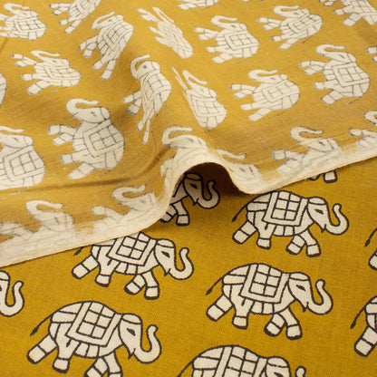 Yellow Elephant Hand Block Bagru Printed Fabric