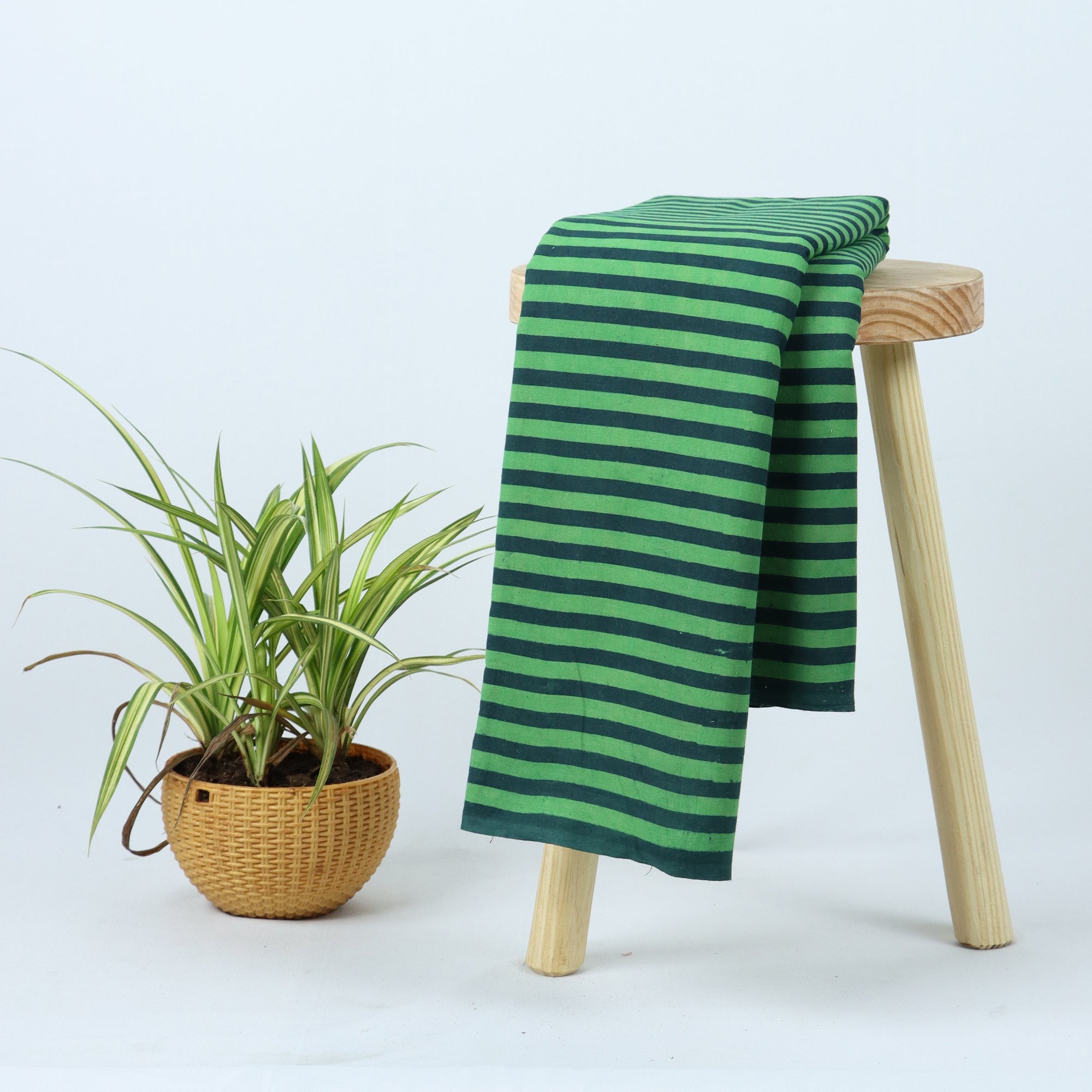 Green Block Printed Striped Silk Fabric for Kaftan