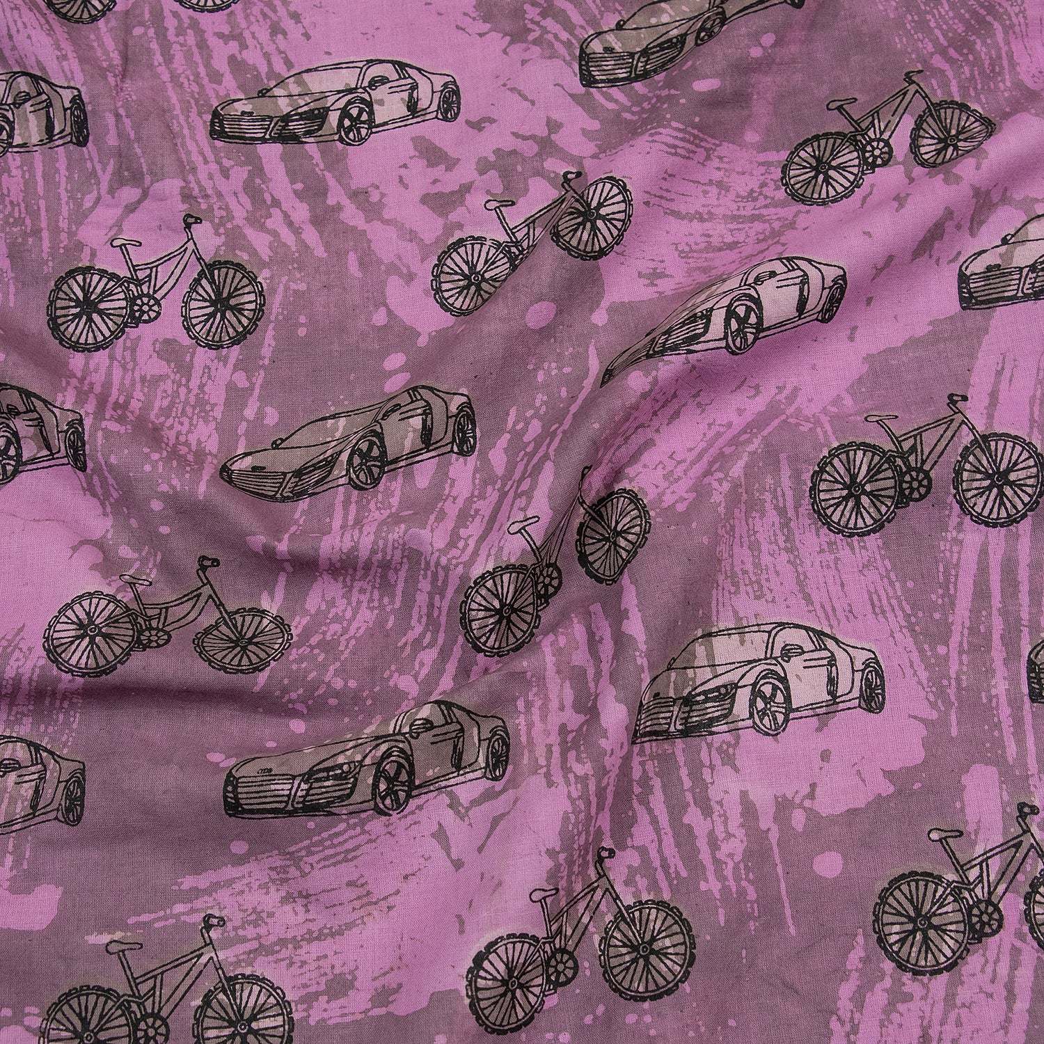 Bicycle and Car Print Block Printed Cotton Fabric