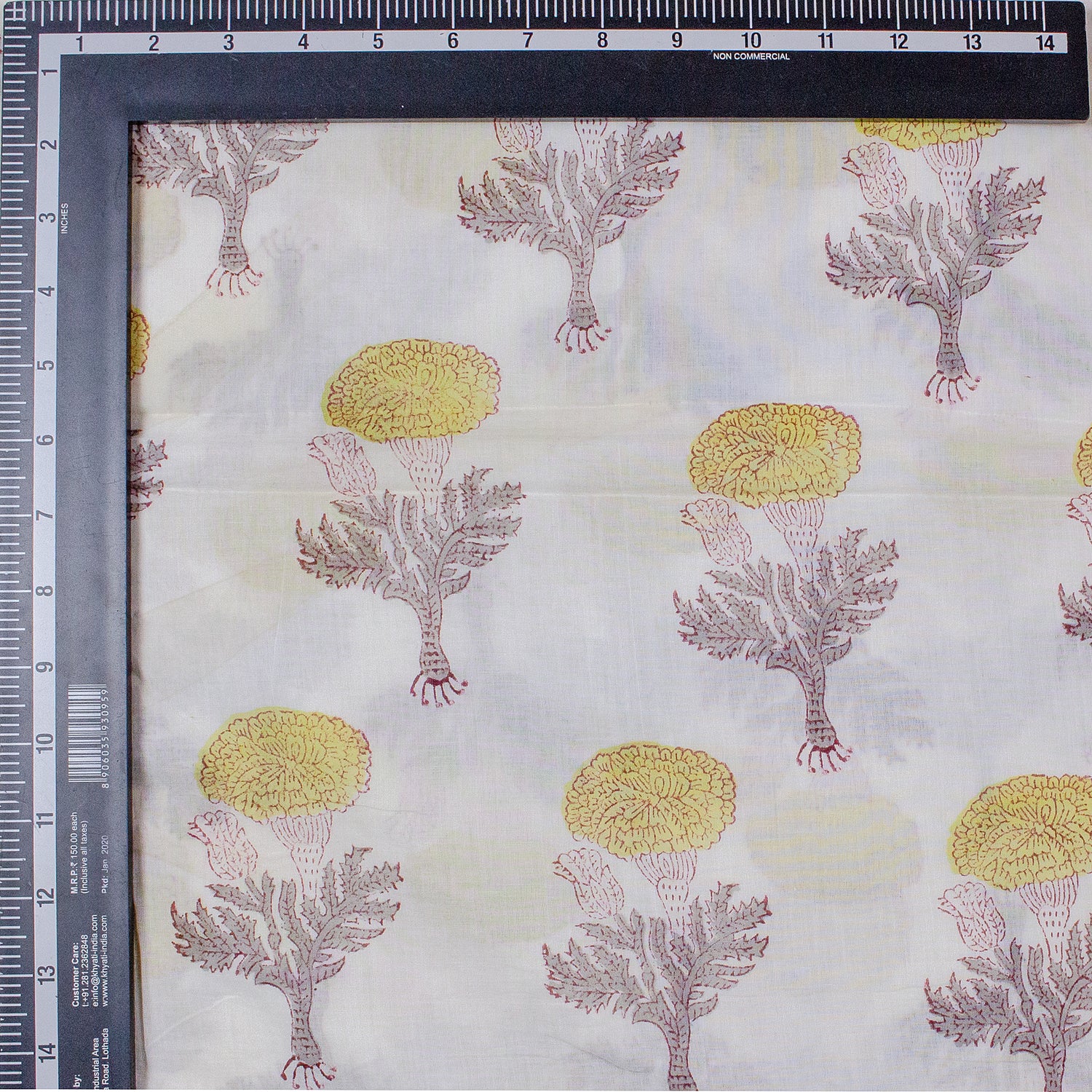 Stunning Hand Printed Yellow Floral Indian Light weighted Mud Blocked Cotton Fabric