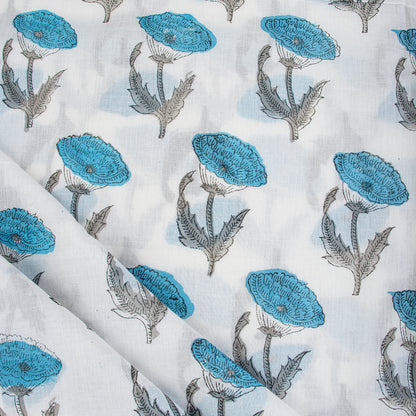 Sky Blue Floral Hand Block Soft Cotton Fabric