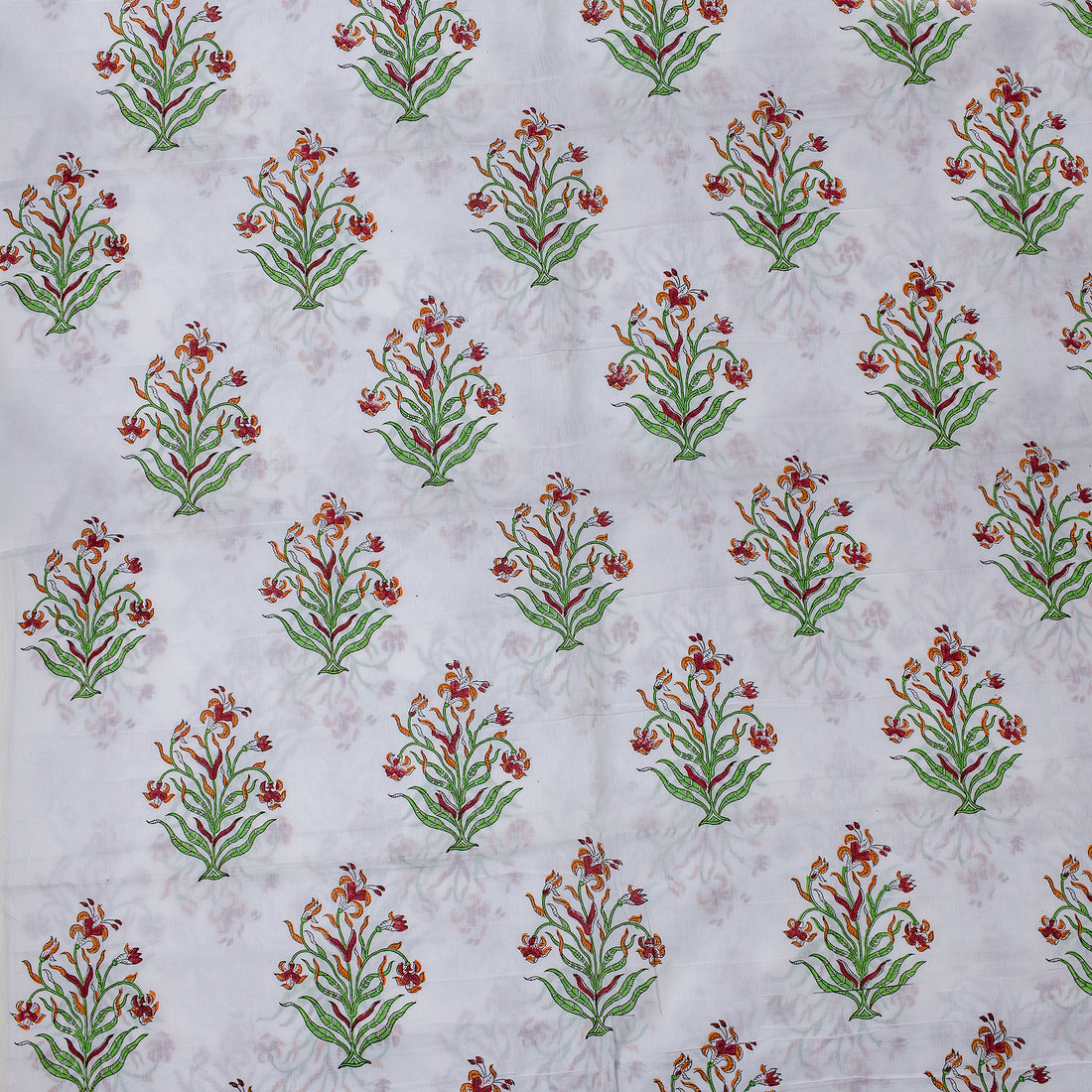 Red Flower Plant Hand Block Printed Cotton Fabric