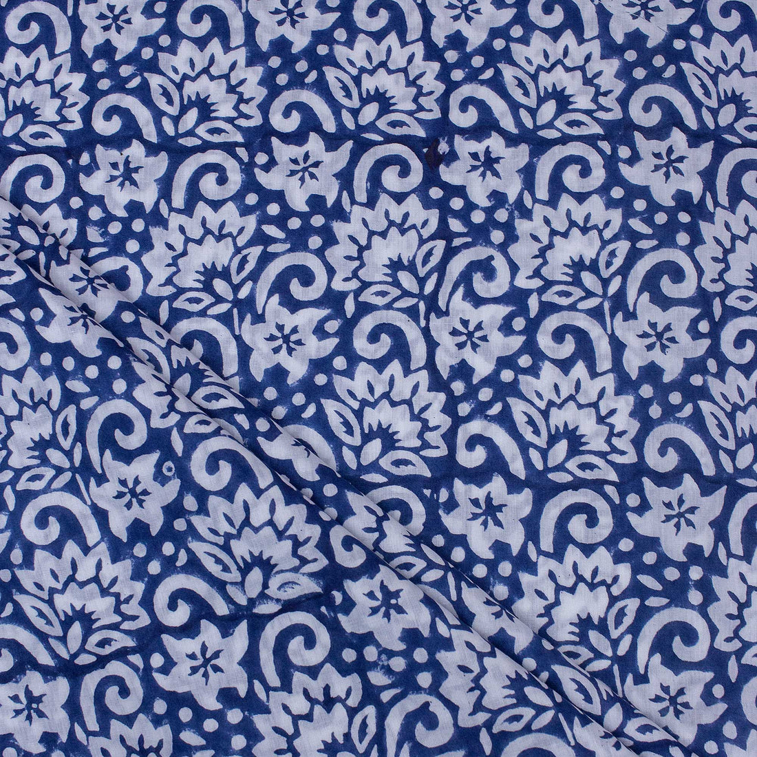 Blue Floral Cotton Block Print Fabric