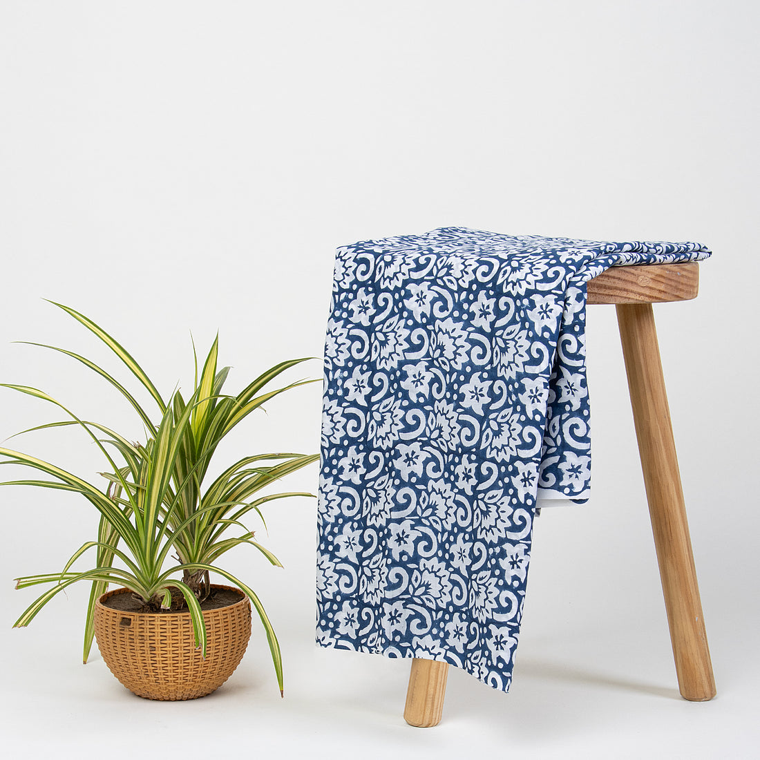 Blue Floral Cotton Block Print Fabric