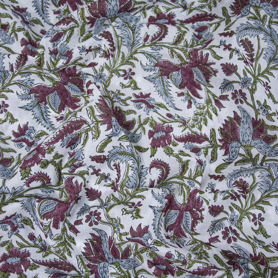 Dark Brown Floral Cotton Block Print Fabric