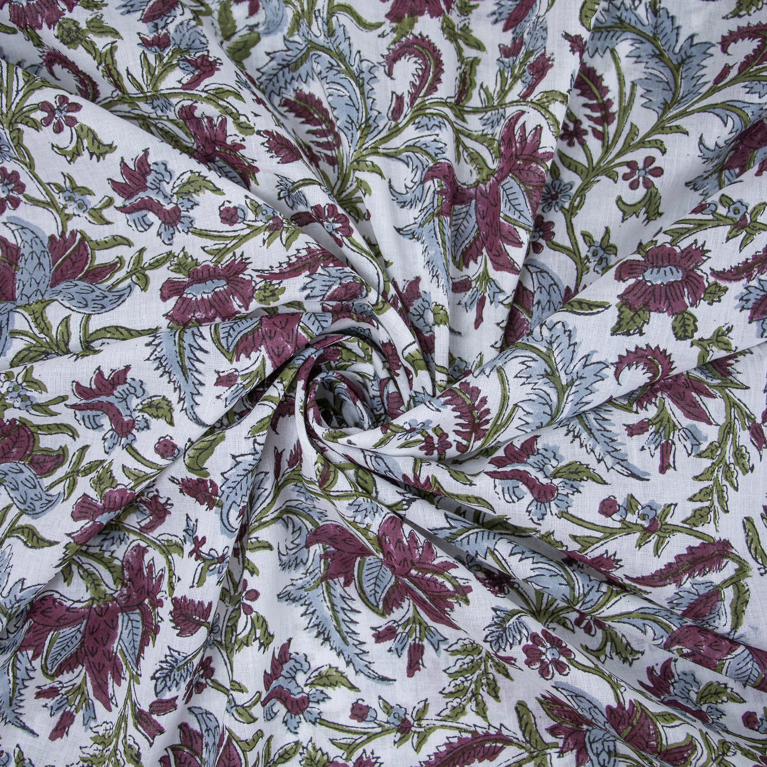 Dark Brown Floral Cotton Block Print Fabric