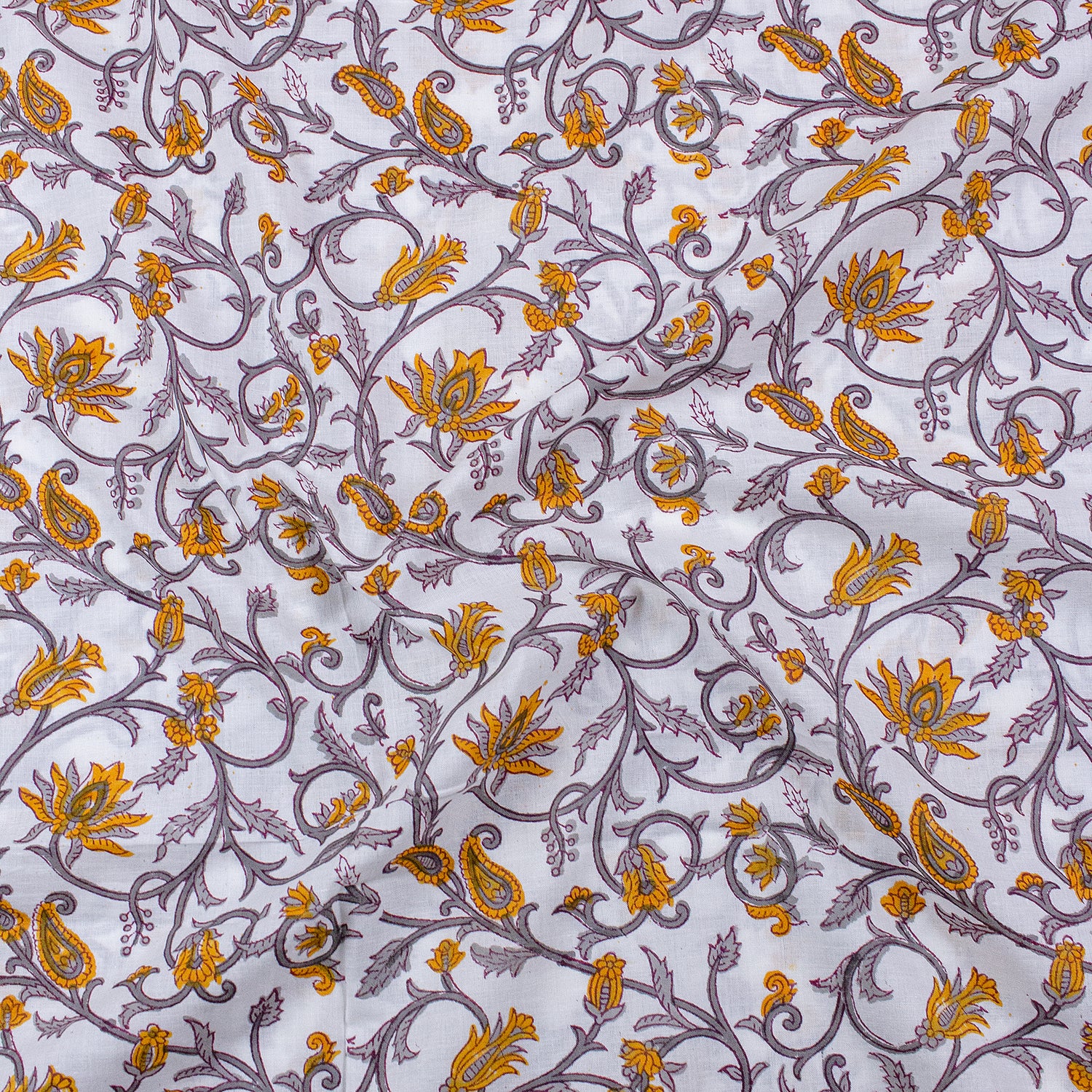 Yellow Hand Block Floral Printed 100% Cotton Fabric