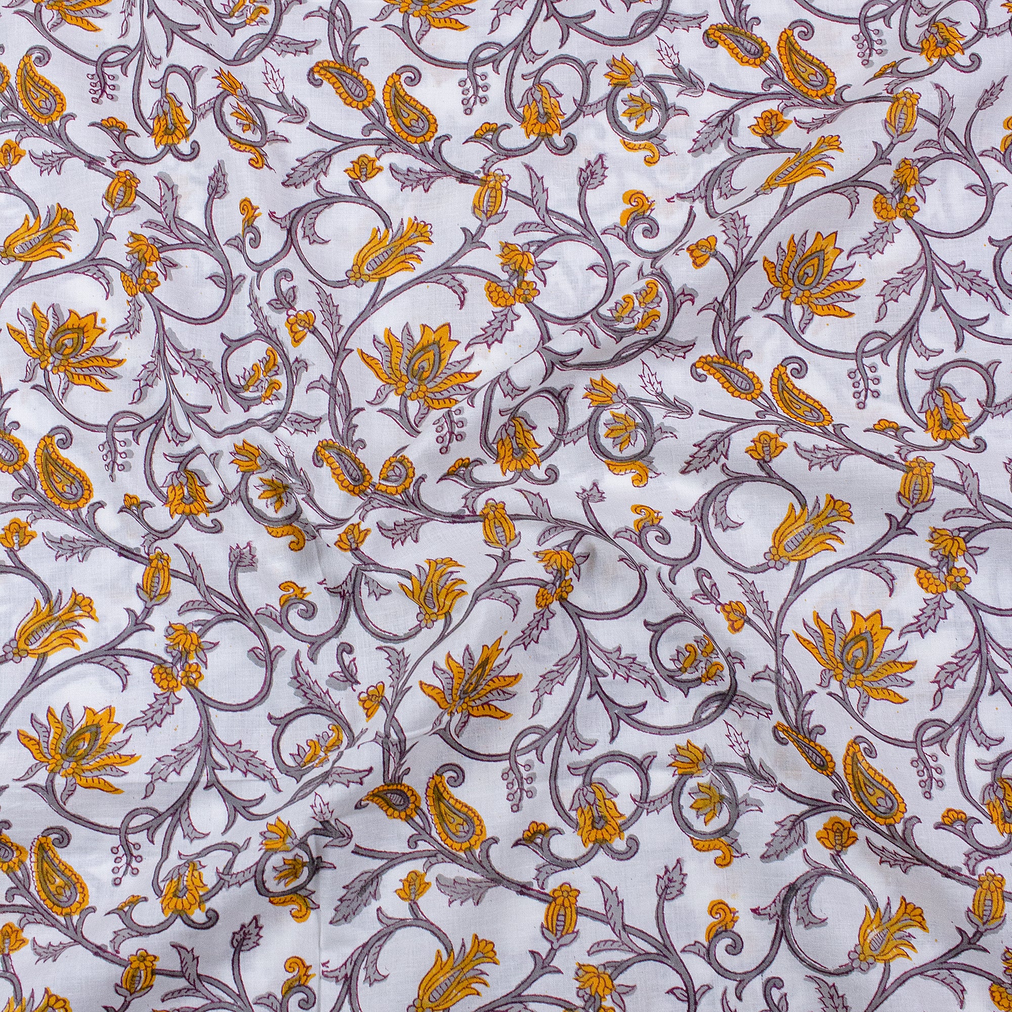 Yellow Hand Block Floral Printed 100% Cotton Fabric