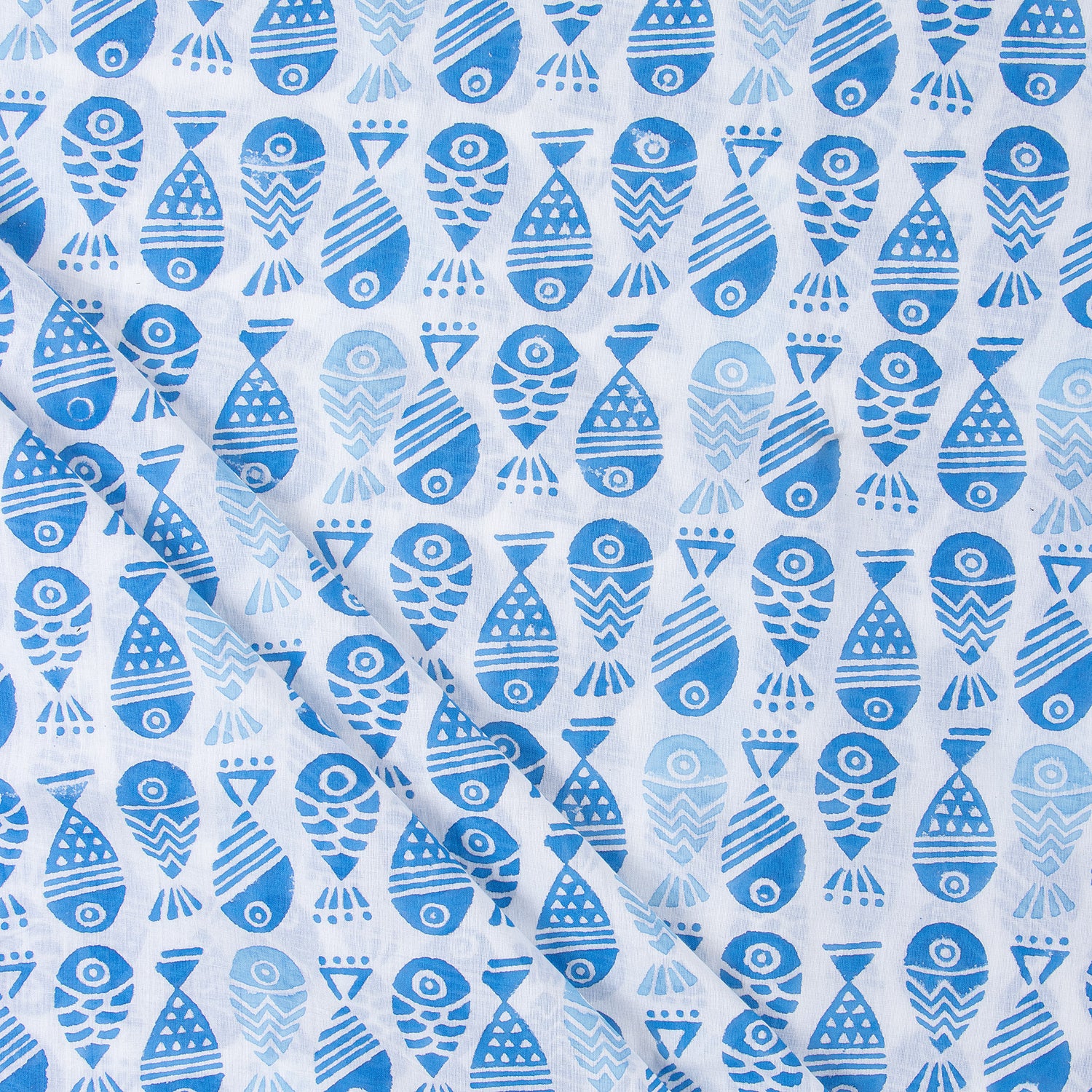 Blue Fish Indian Hand Block Printed Fabric