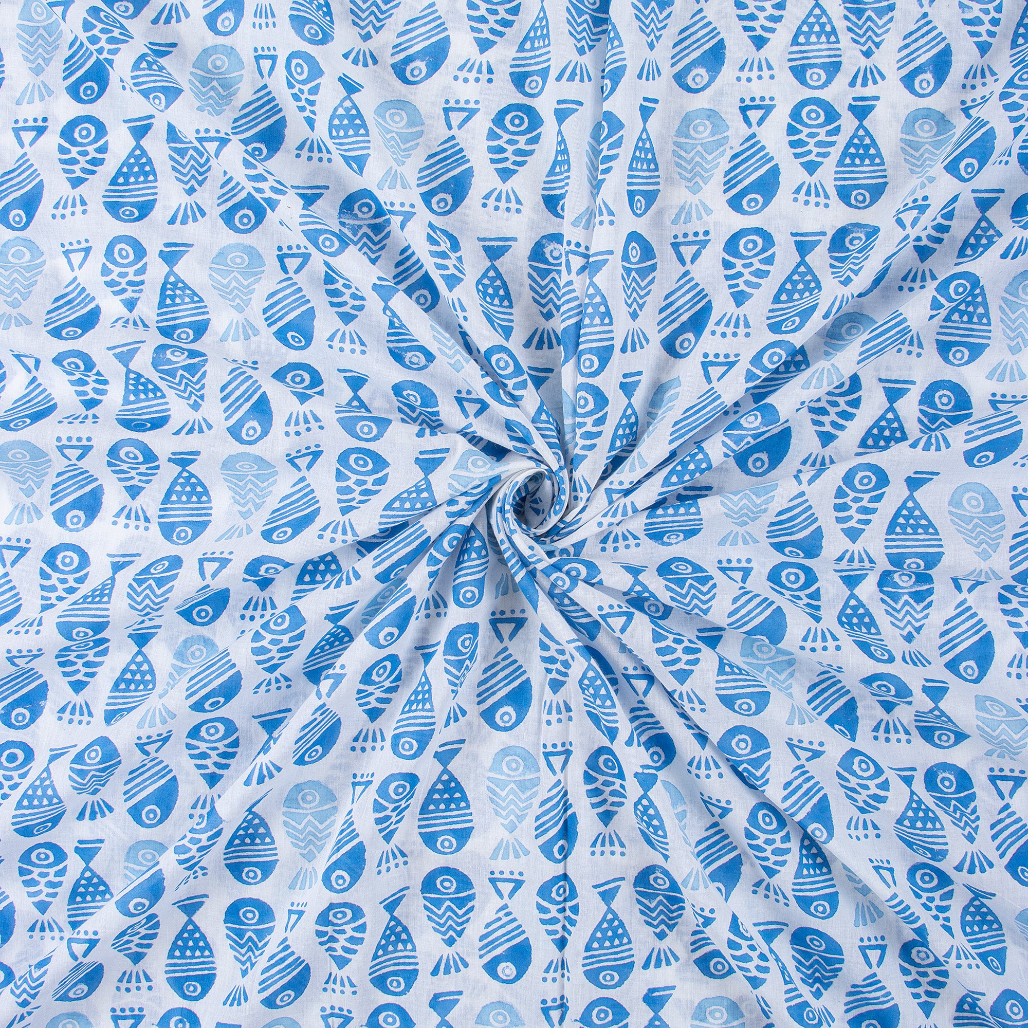 Blue Fish Indian Hand Block Printed Fabric