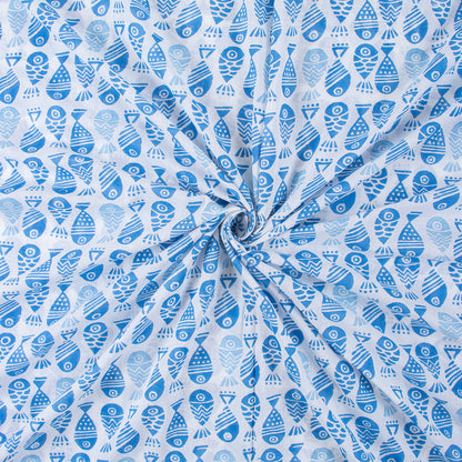 Blue Fish Indian Hand Block Printed Fabric