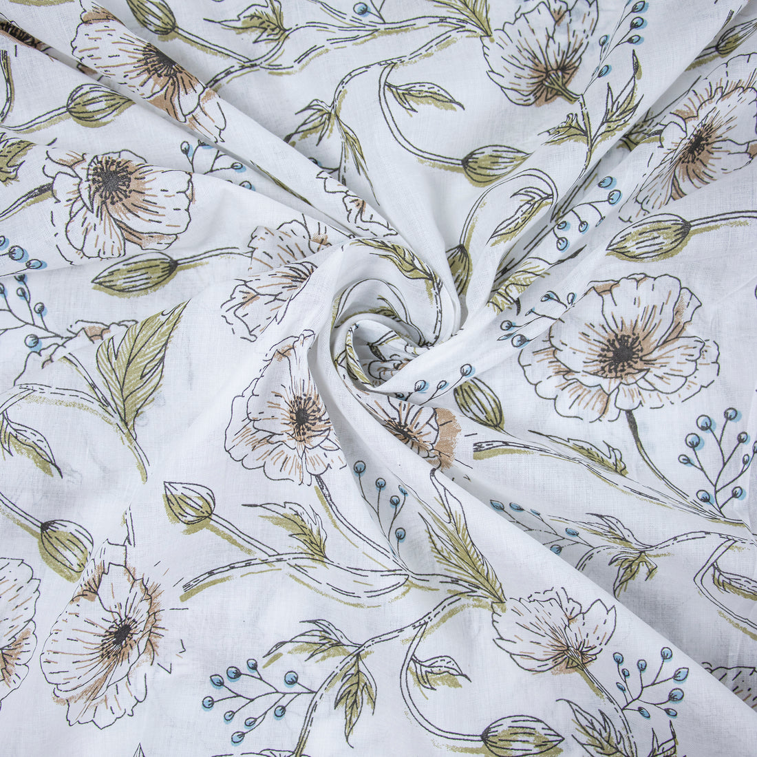 Green Floral Cotton Hand Block Print Fabric