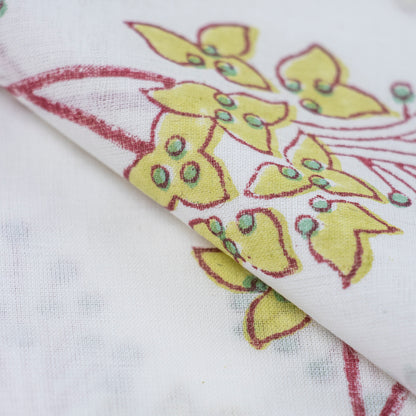 Yellow Flower Plant Cotton Hand Block Printed Fabric 