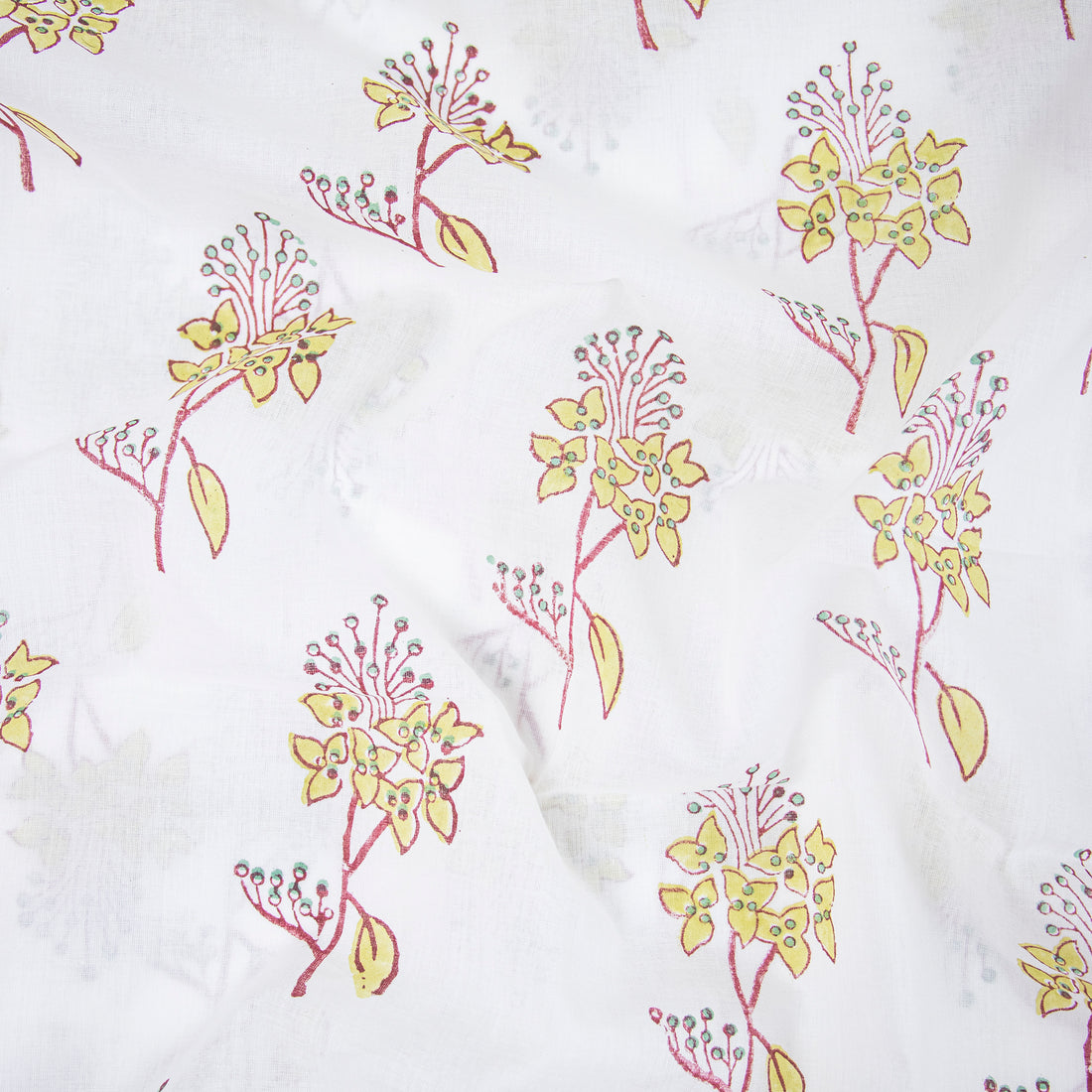 Yellow Flower Plant Cotton Hand Block Printed Fabric 