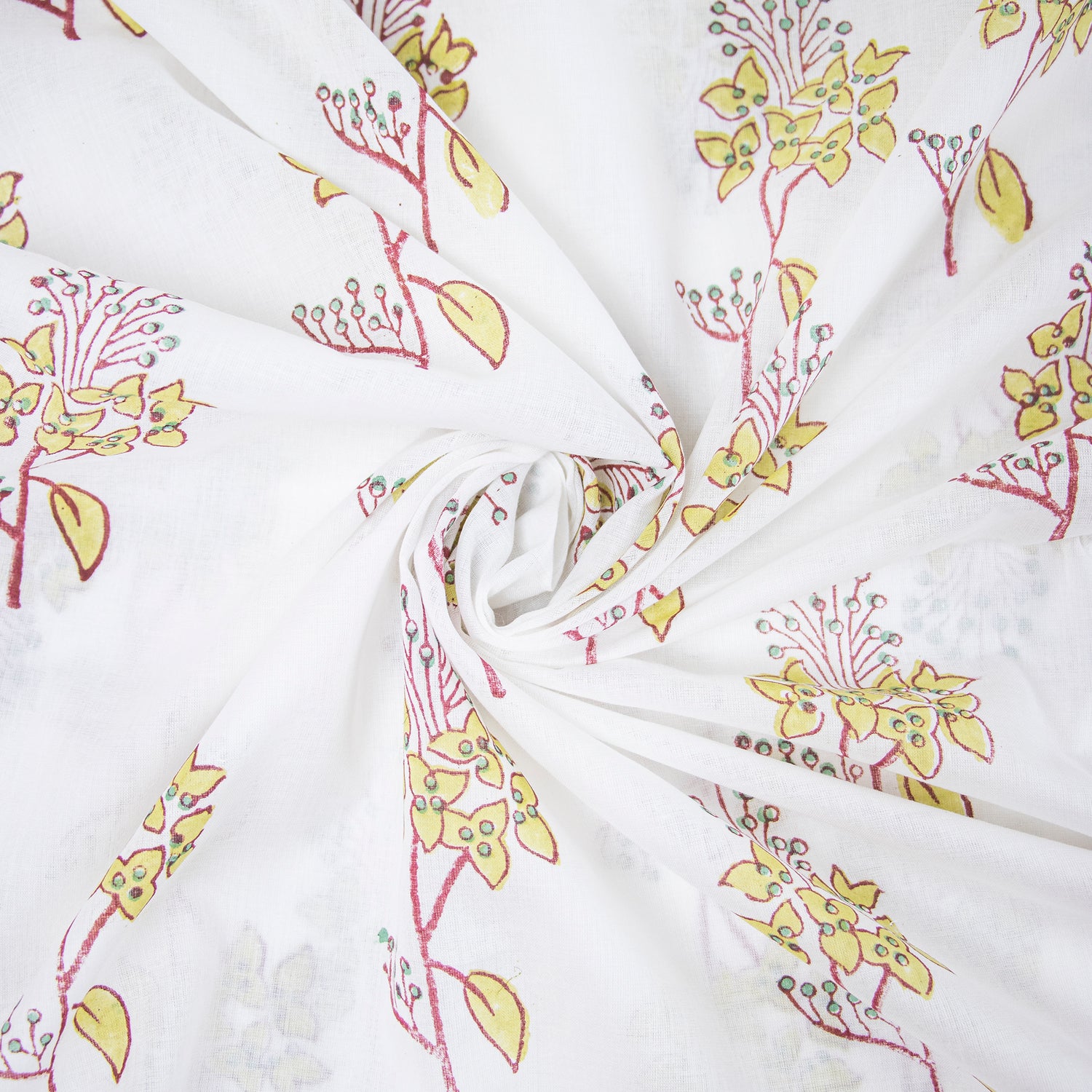 Yellow Flower Plant Cotton Hand Block Printed Fabric 