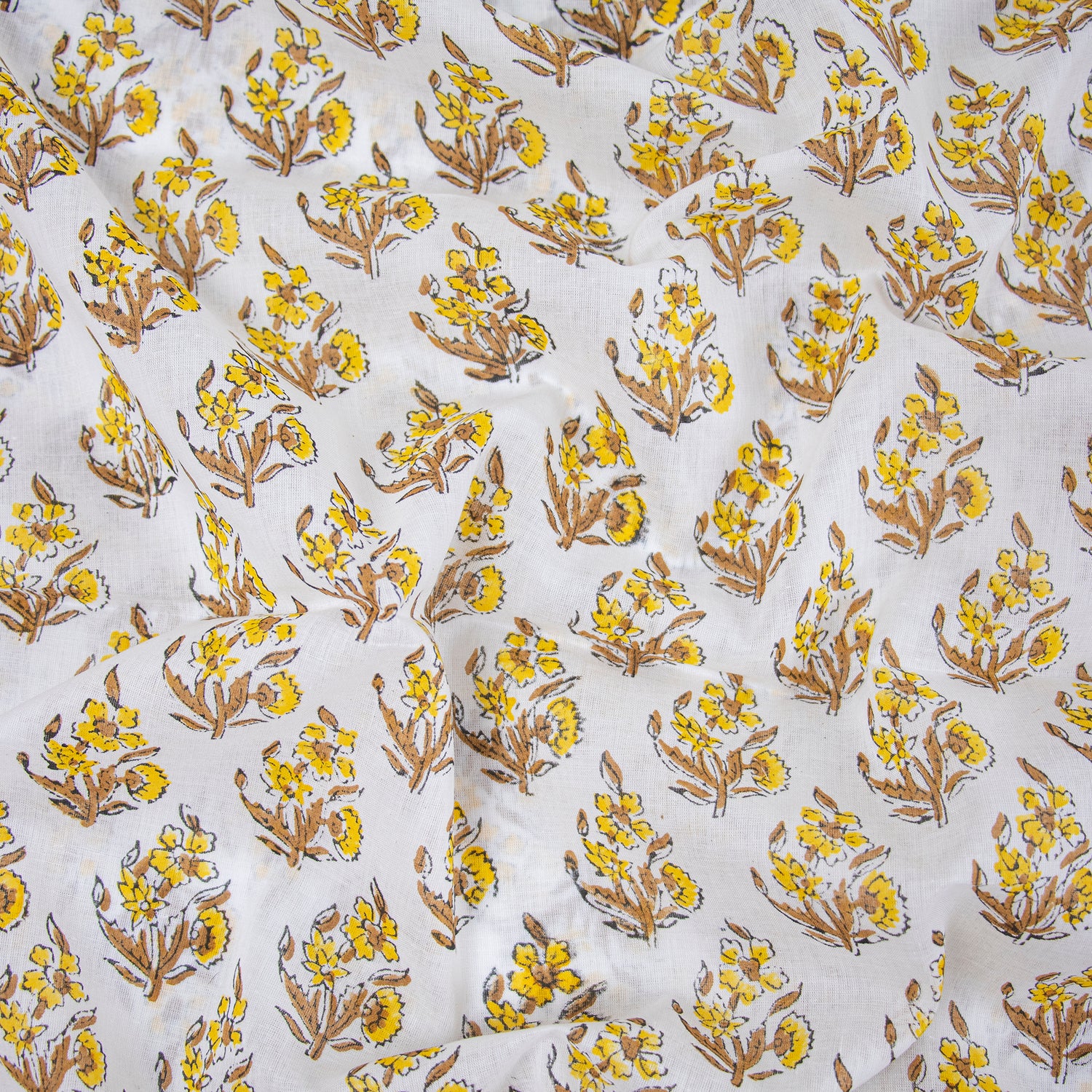 Yellow Floral Hand Block Printed Cotton Fabric