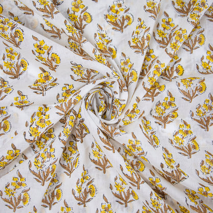 Yellow Floral Hand Block Printed Cotton Fabric