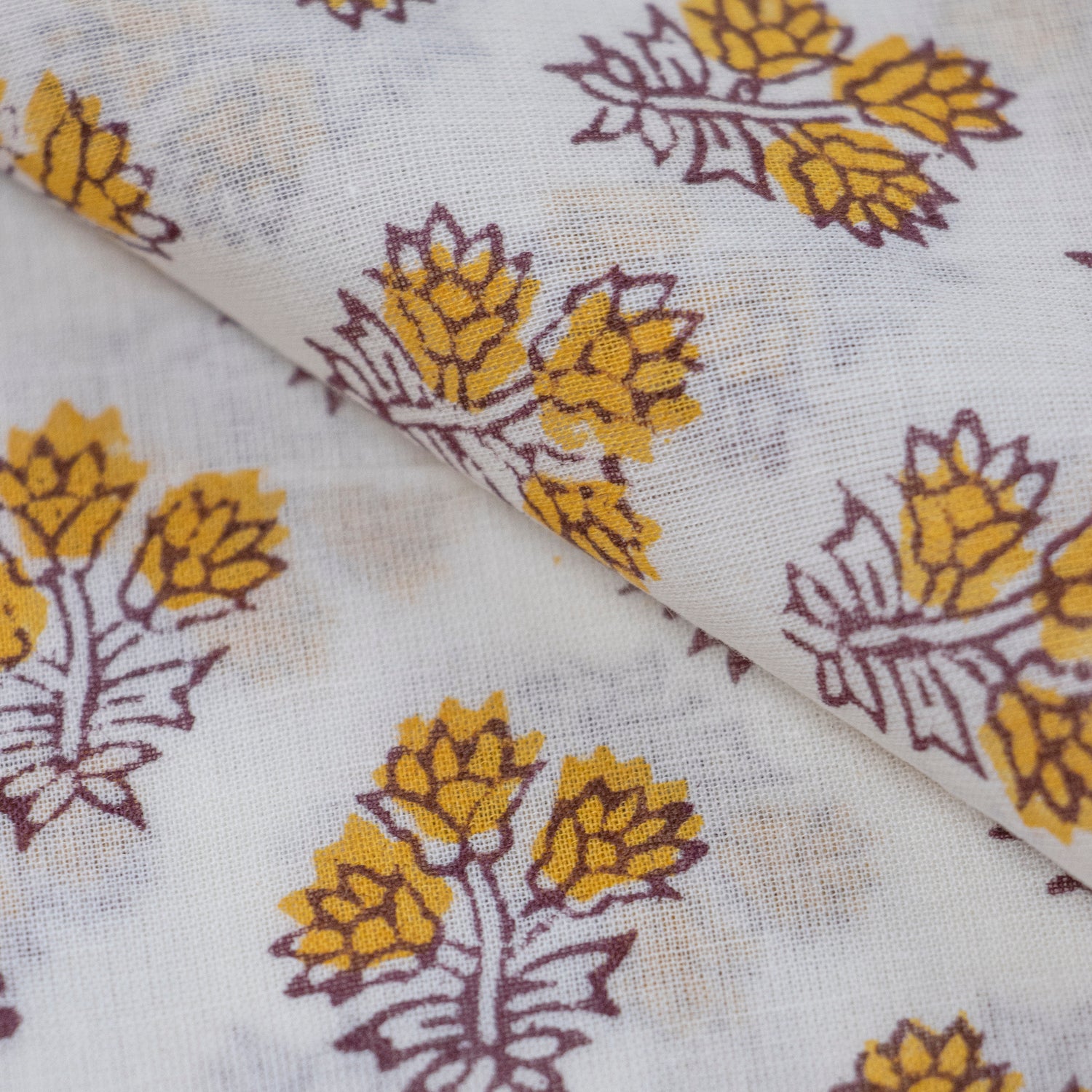 Hand Block Yellow Green Floral Print Voile Cotton Fabric