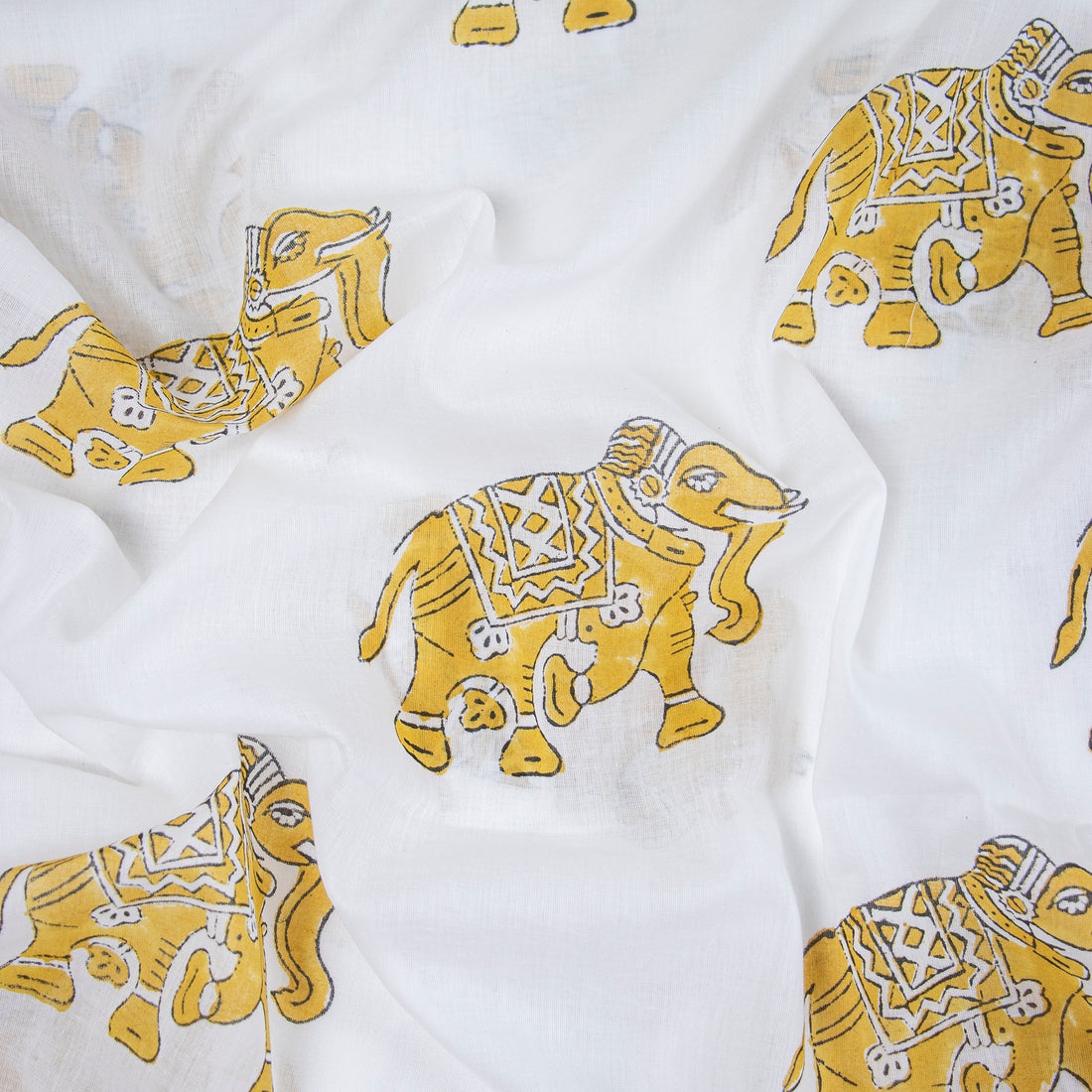 Yellow Elephant Hand Block Jaipur Cotton Fabric