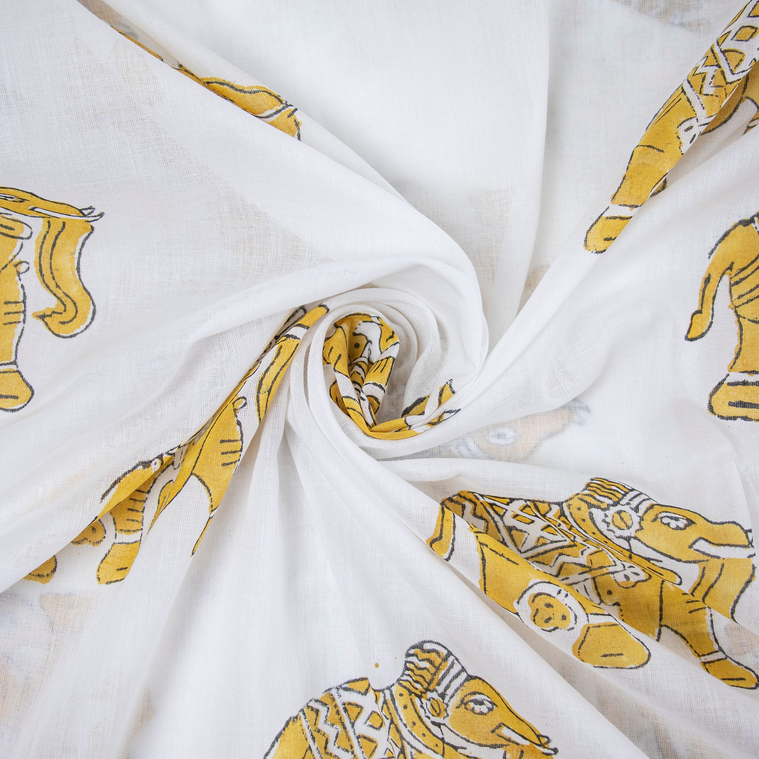 Yellow Elephant Hand Block Jaipur Cotton Fabric