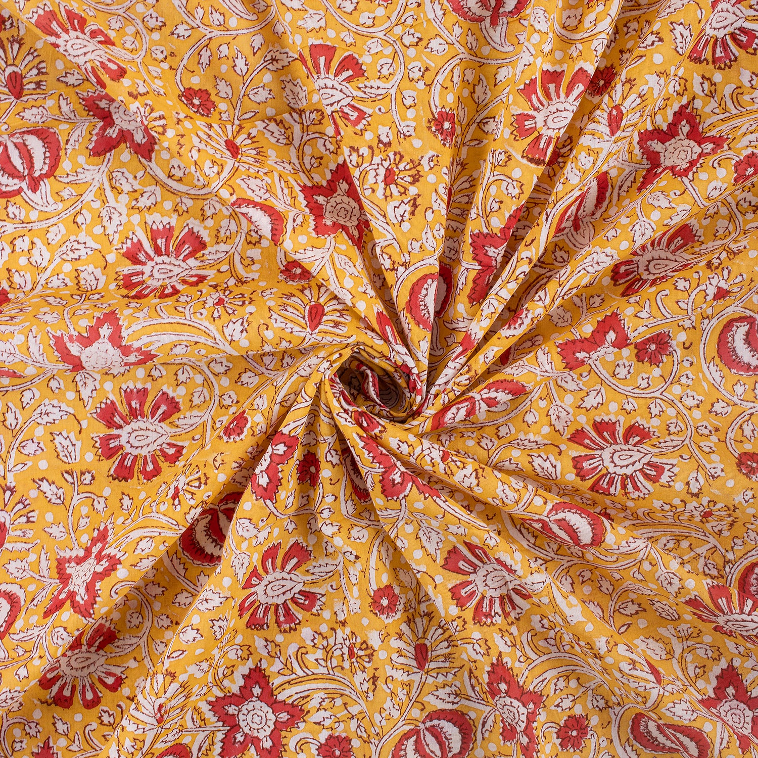 Dress Fabric - Orange Floral Hand Block Printed Fabric